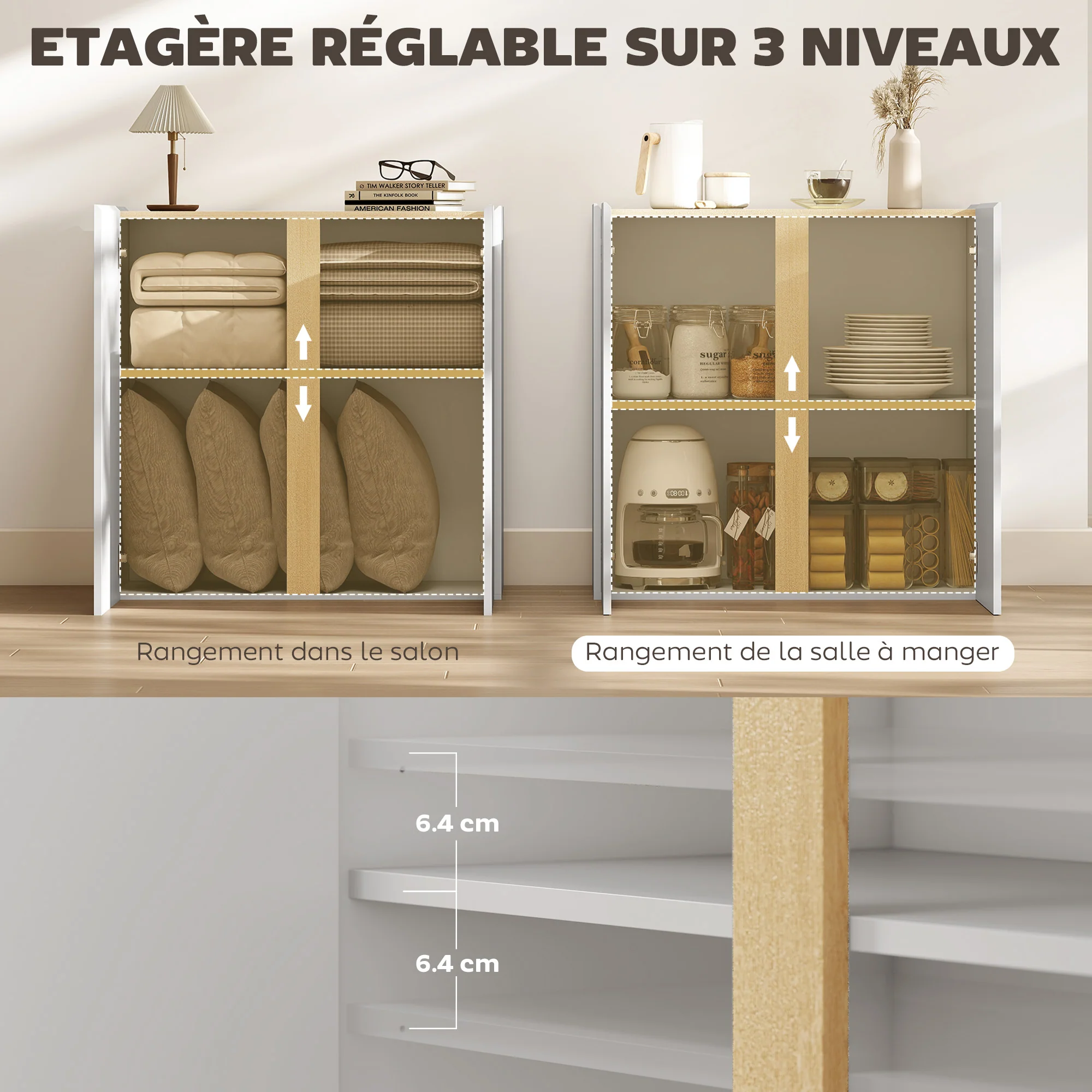 Buffet à haute brillance, meuble de rangement avec 2 portes à fermeture amortie et étagère réglable, style moderne, buffet salle à manger, cuisine et salon, 80 x 40 x 80 cm, blanc - Image 7