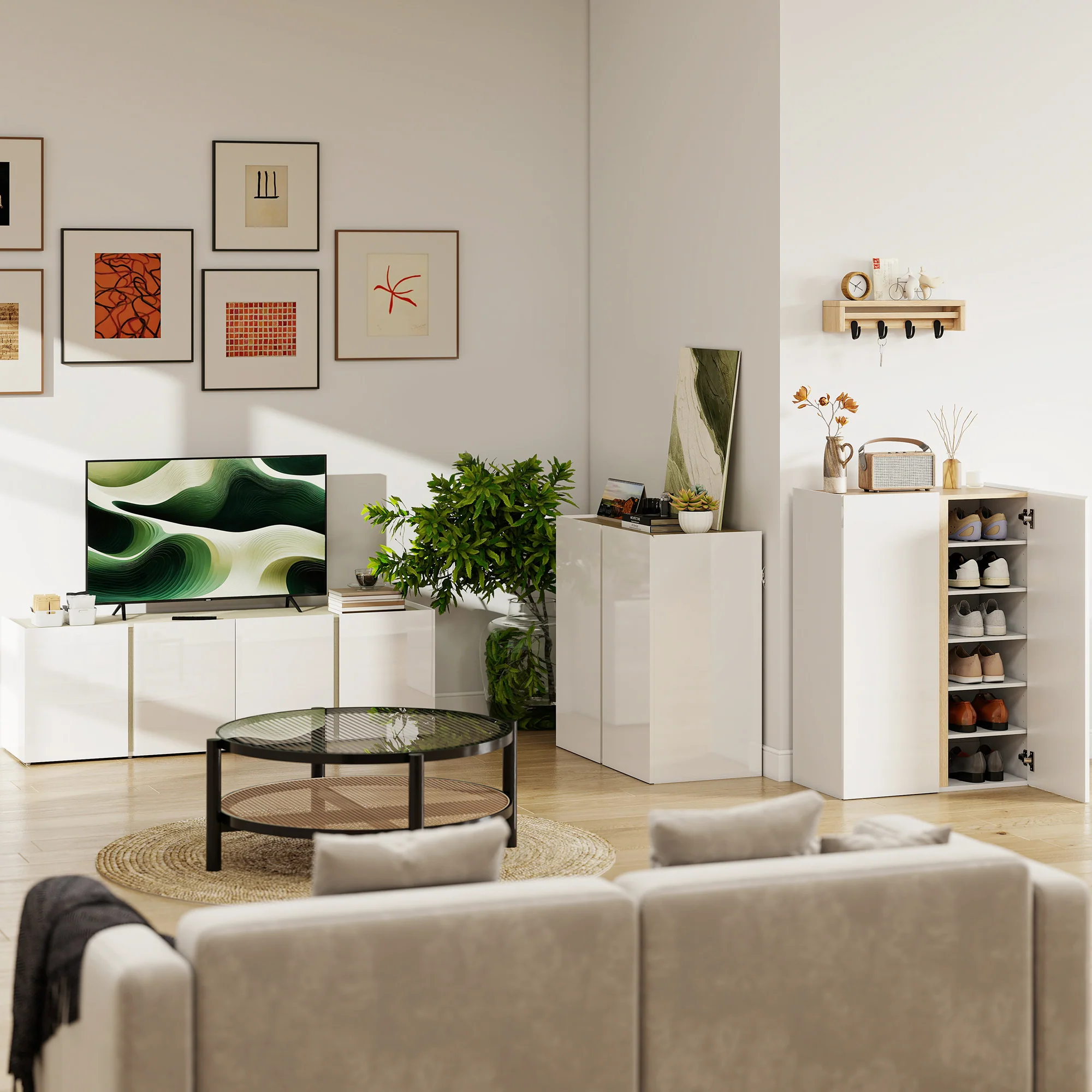 Buffet à haute brillance, meuble de rangement avec 2 portes à fermeture amortie et étagère réglable, style moderne, buffet salle à manger, cuisine et salon, 80 x 40 x 80 cm, blanc - Image 9