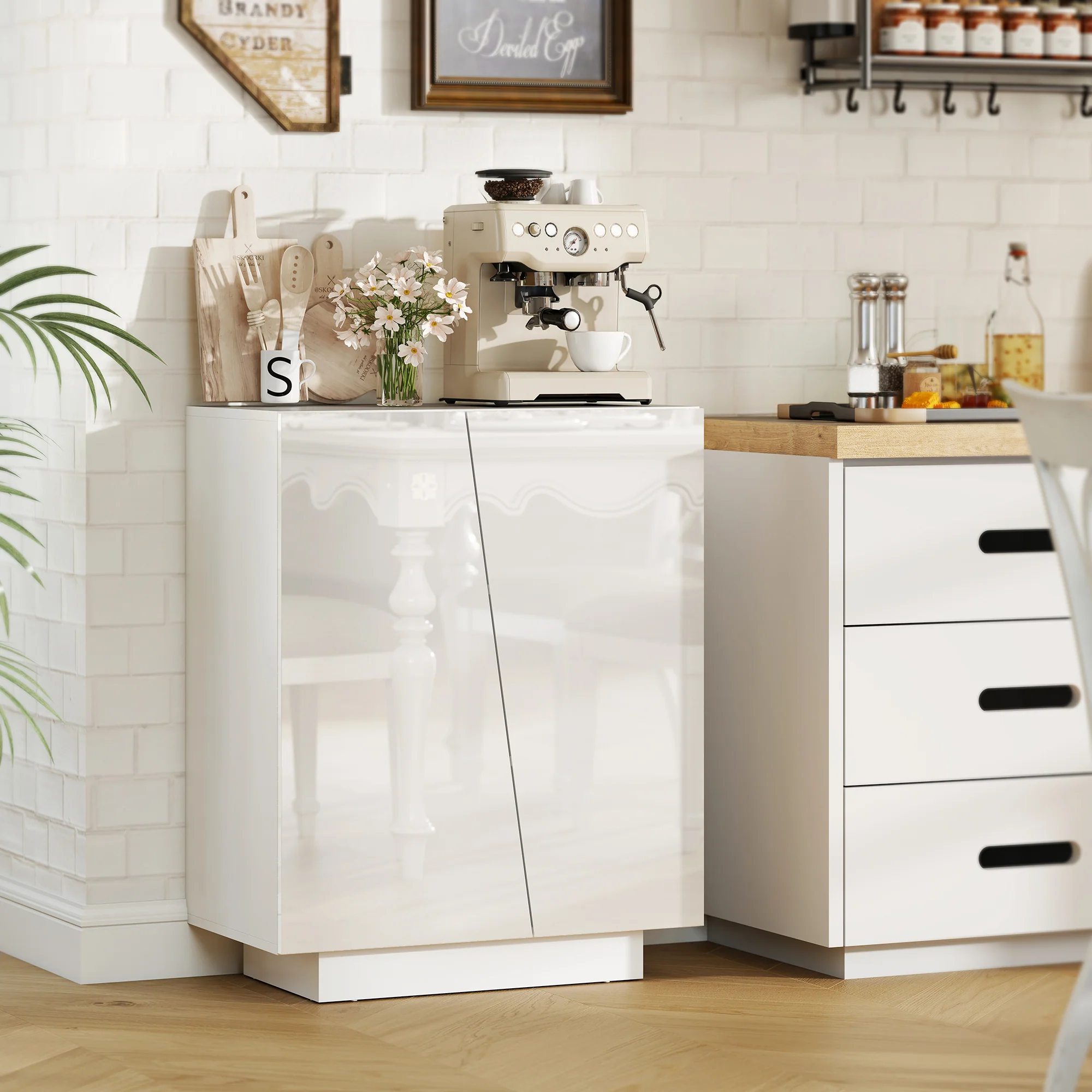 Buffet à haute brillance, meuble de rangement avec placard double porte géométrique et étagère réglable, style moderne, buffet salle à manger, cuisine et salon, 70 x 40 x 88 cm, blanc - Image 3