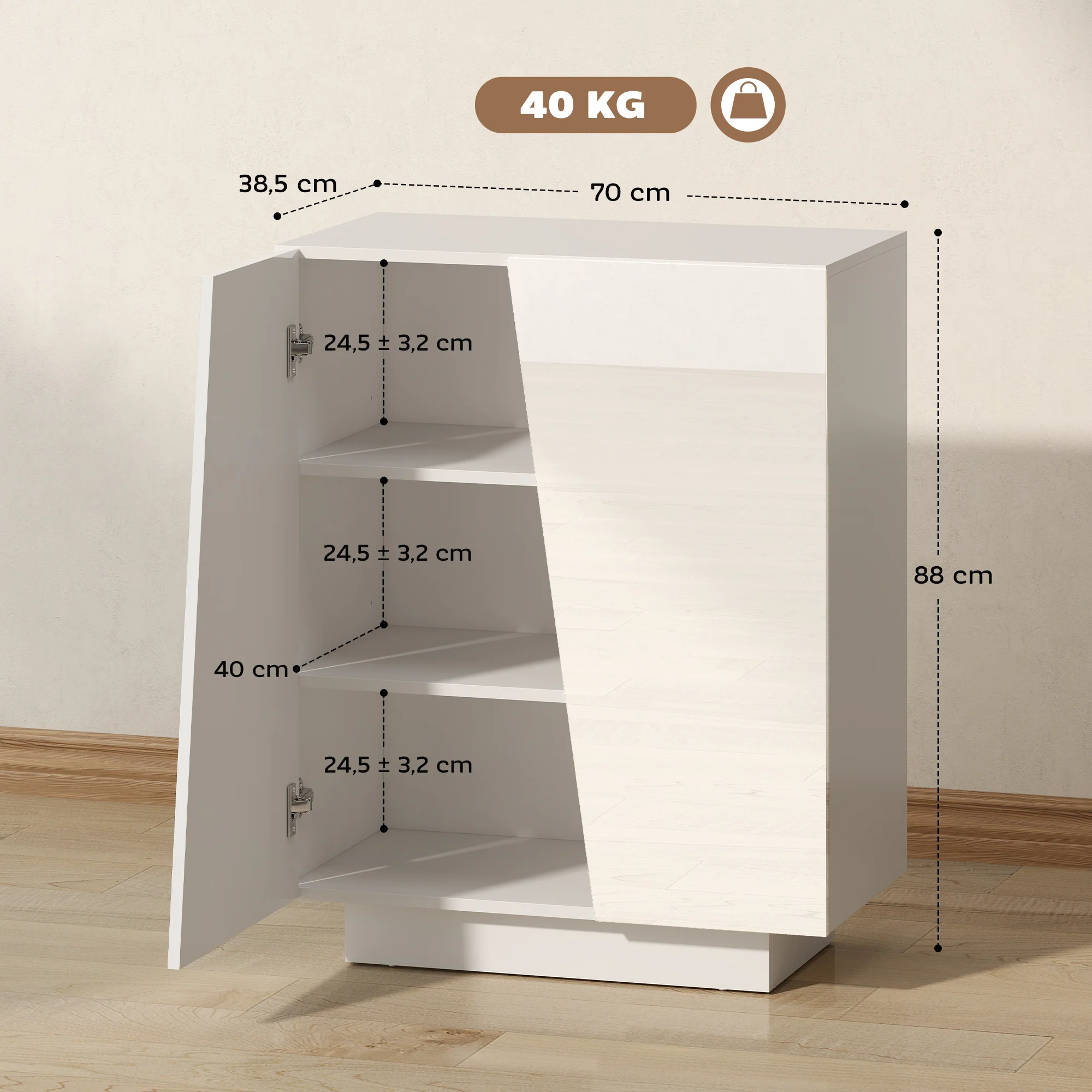 Buffet à haute brillance, meuble de rangement avec placard double porte géométrique et étagère réglable, style moderne, buffet salle à manger, cuisine et salon, 70 x 40 x 88 cm, blanc - Image 4