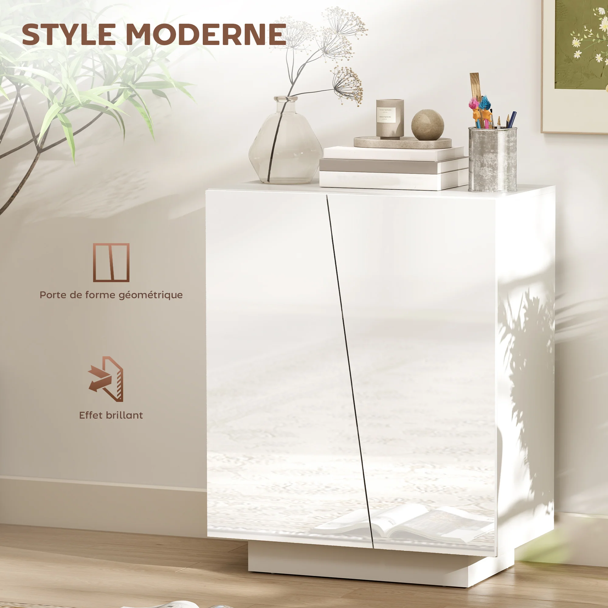 Buffet à haute brillance, meuble de rangement avec placard double porte géométrique et étagère réglable, style moderne, buffet salle à manger, cuisine et salon, 70 x 40 x 88 cm, blanc - Image 5