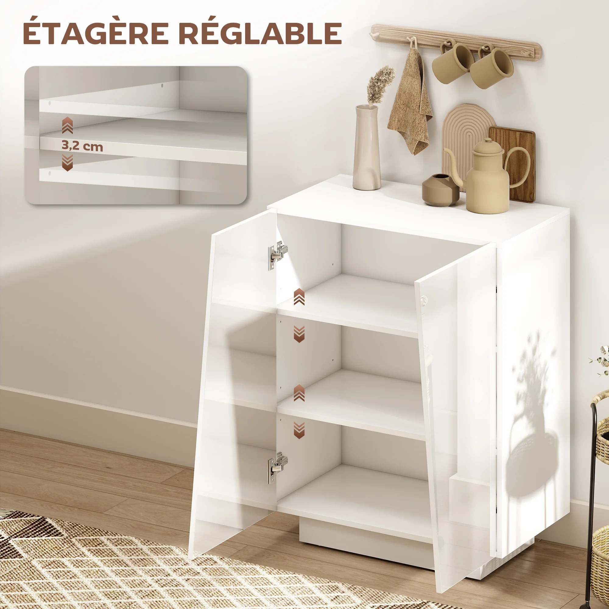 Buffet à haute brillance, meuble de rangement avec placard double porte géométrique et étagère réglable, style moderne, buffet salle à manger, cuisine et salon, 70 x 40 x 88 cm, blanc - Image 6