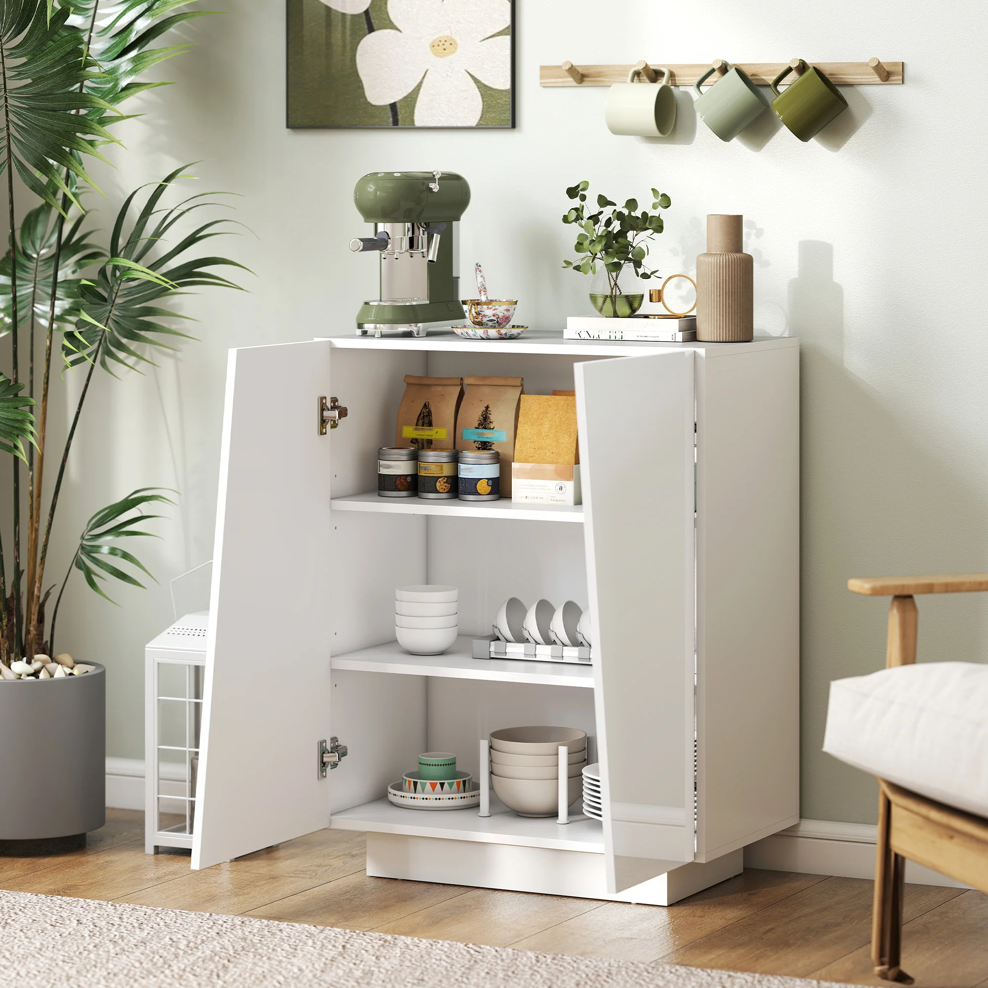 Buffet à haute brillance, meuble de rangement avec placard double porte géométrique et étagère réglable, style moderne, buffet salle à manger, cuisine et salon, 70 x 40 x 88 cm, blanc - Image 8