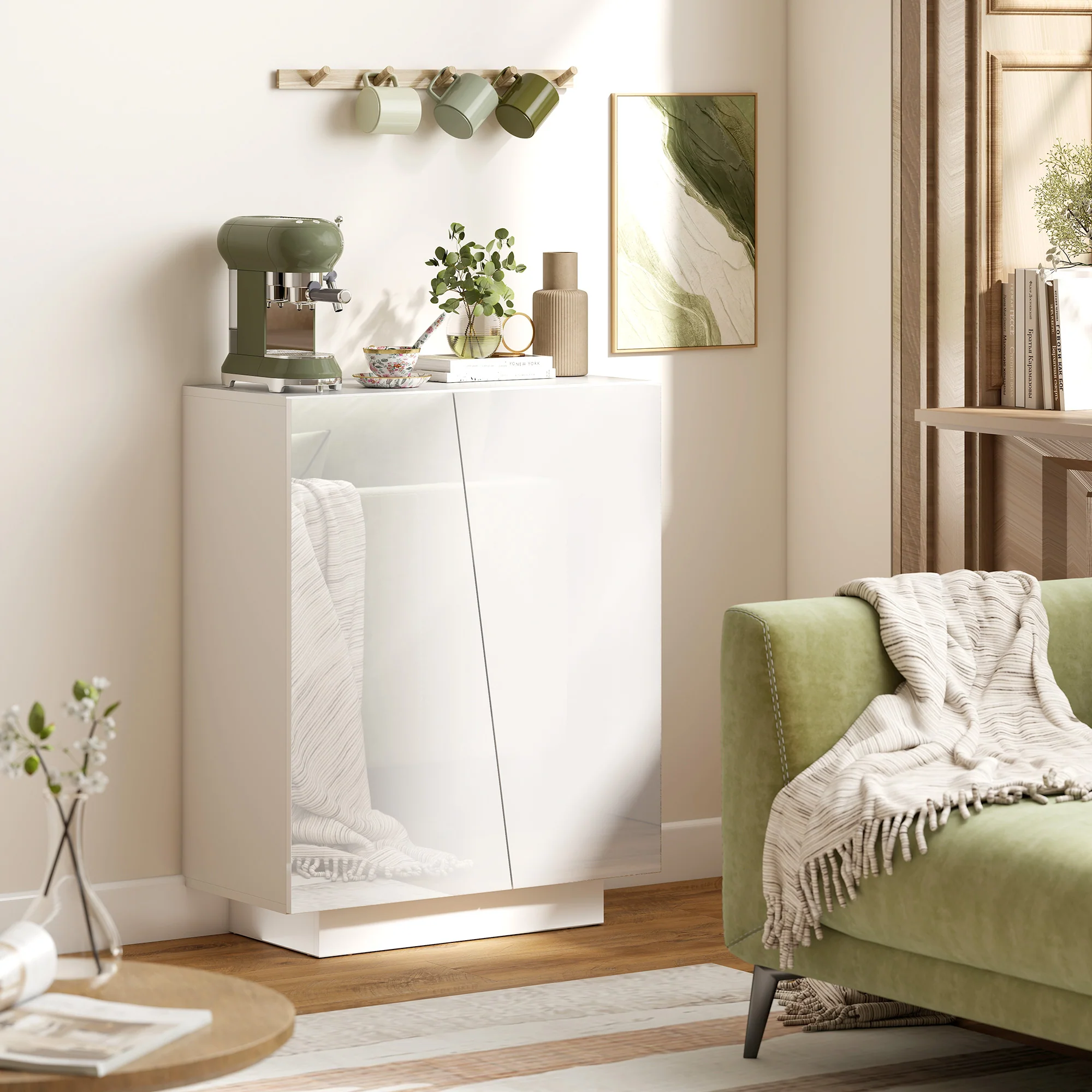Buffet à haute brillance, meuble de rangement avec placard double porte géométrique et étagère réglable, style moderne, buffet salle à manger, cuisine et salon, 70 x 40 x 88 cm, blanc - Image 9