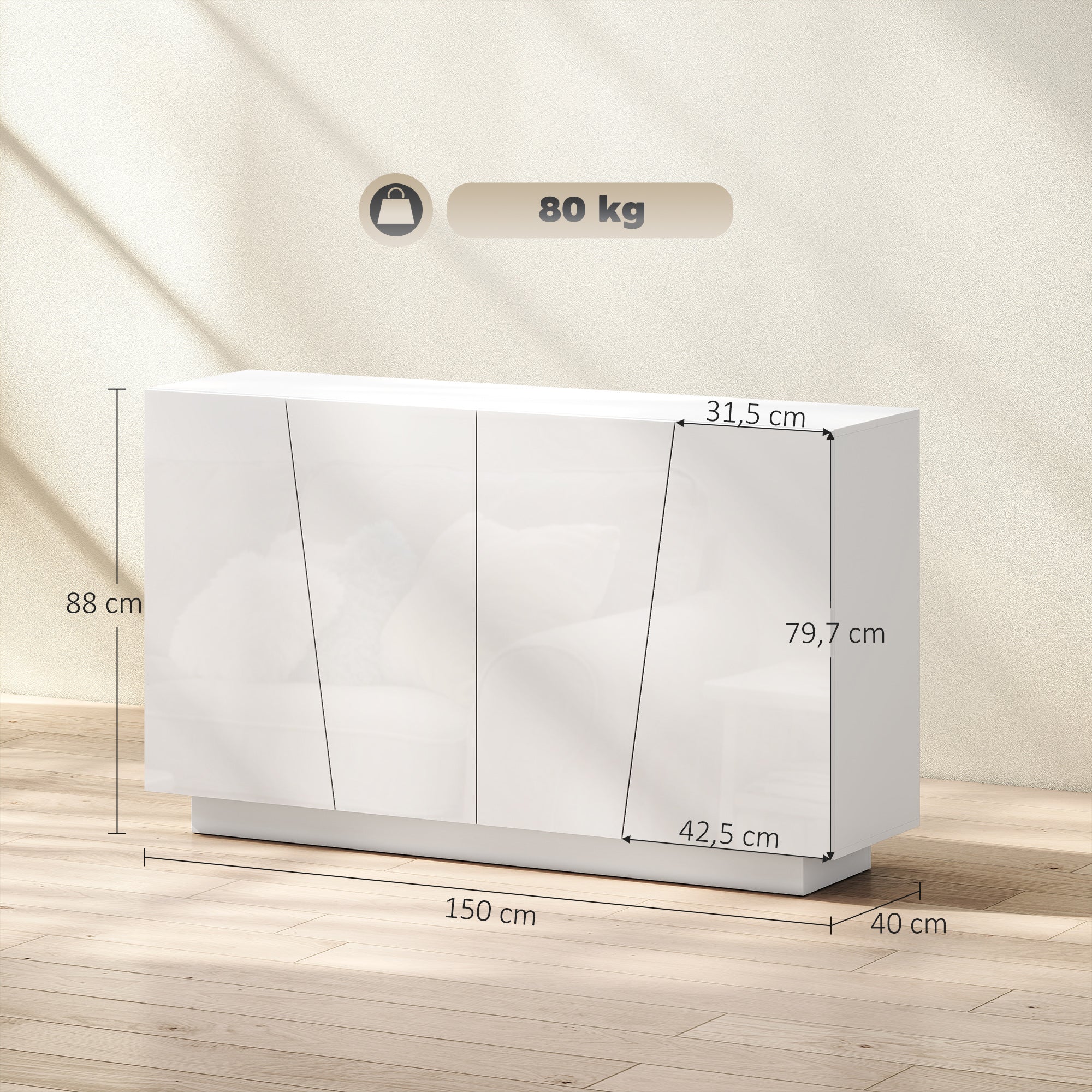 Buffet à haute brillance, meuble de rangement avec placard double porte géométrique et étagère réglable, style moderne, buffet salle à manger, cuisine et salon, 70 x 40 x 88 cm, blanc - Image 4