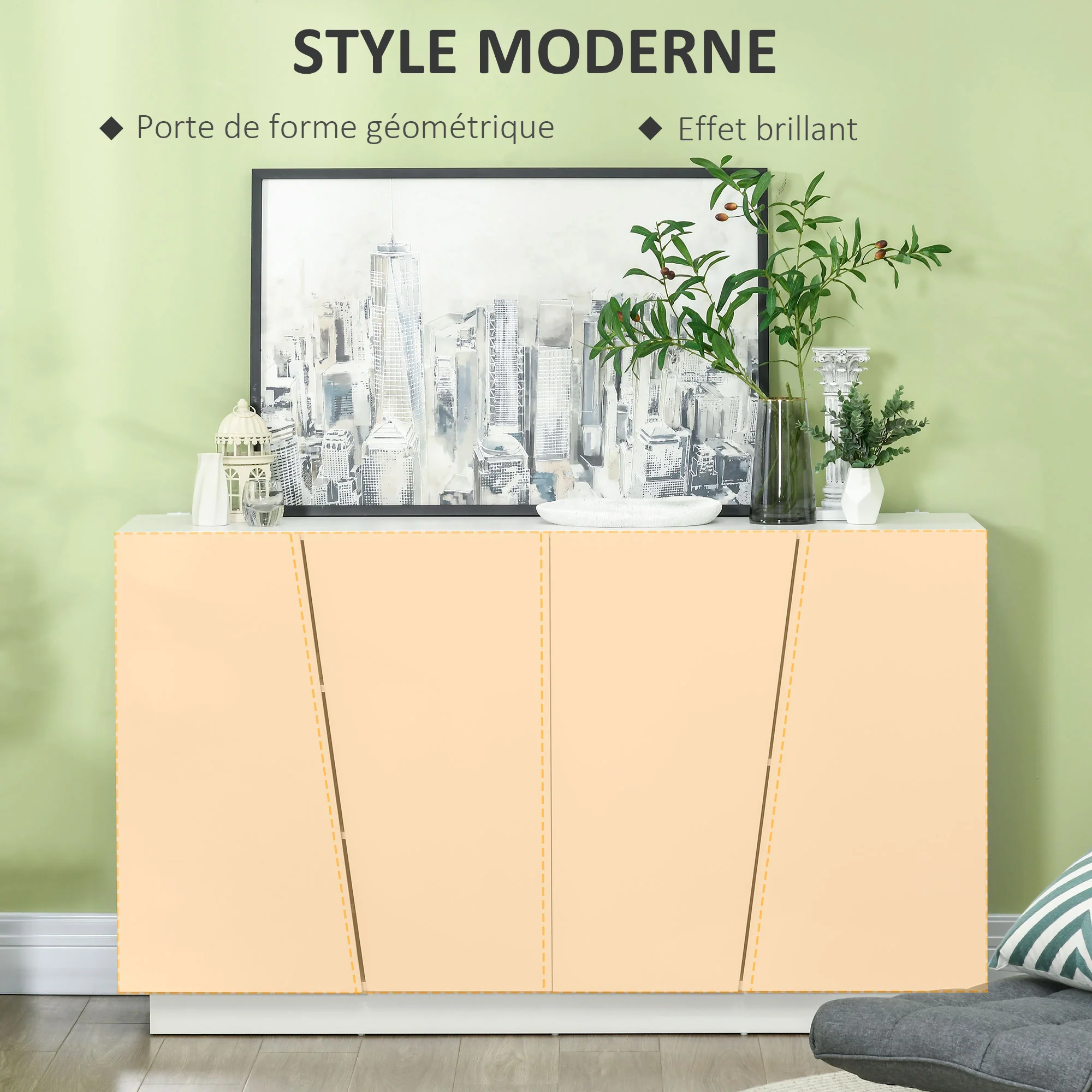 Buffet à haute brillance, meuble de rangement avec placard double porte géométrique et étagère réglable, style moderne, buffet salle à manger, cuisine et salon, 70 x 40 x 88 cm, blanc - Image 5