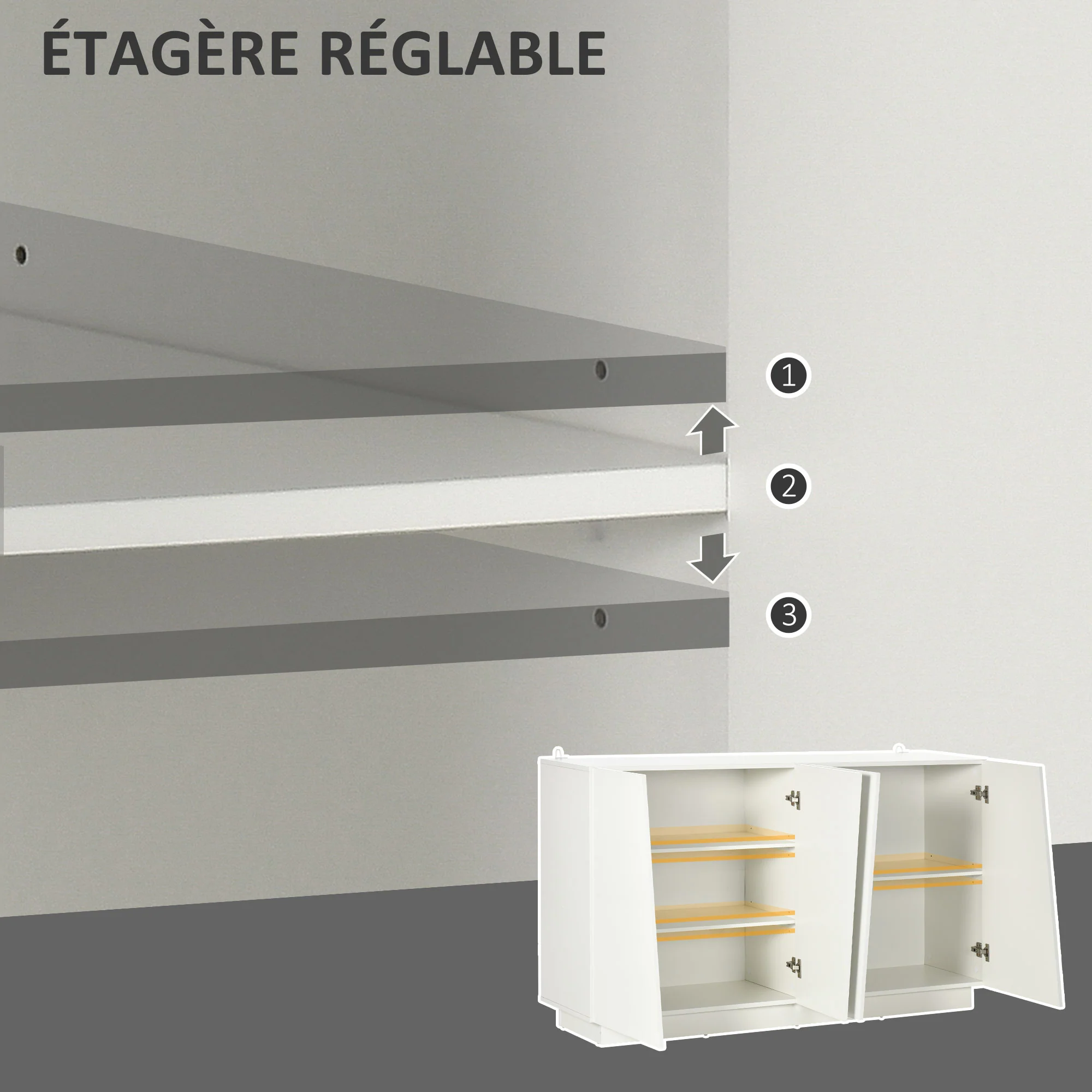 Buffet à haute brillance, meuble de rangement avec placard double porte géométrique et étagère réglable, style moderne, buffet salle à manger, cuisine et salon, 70 x 40 x 88 cm, blanc - Image 6