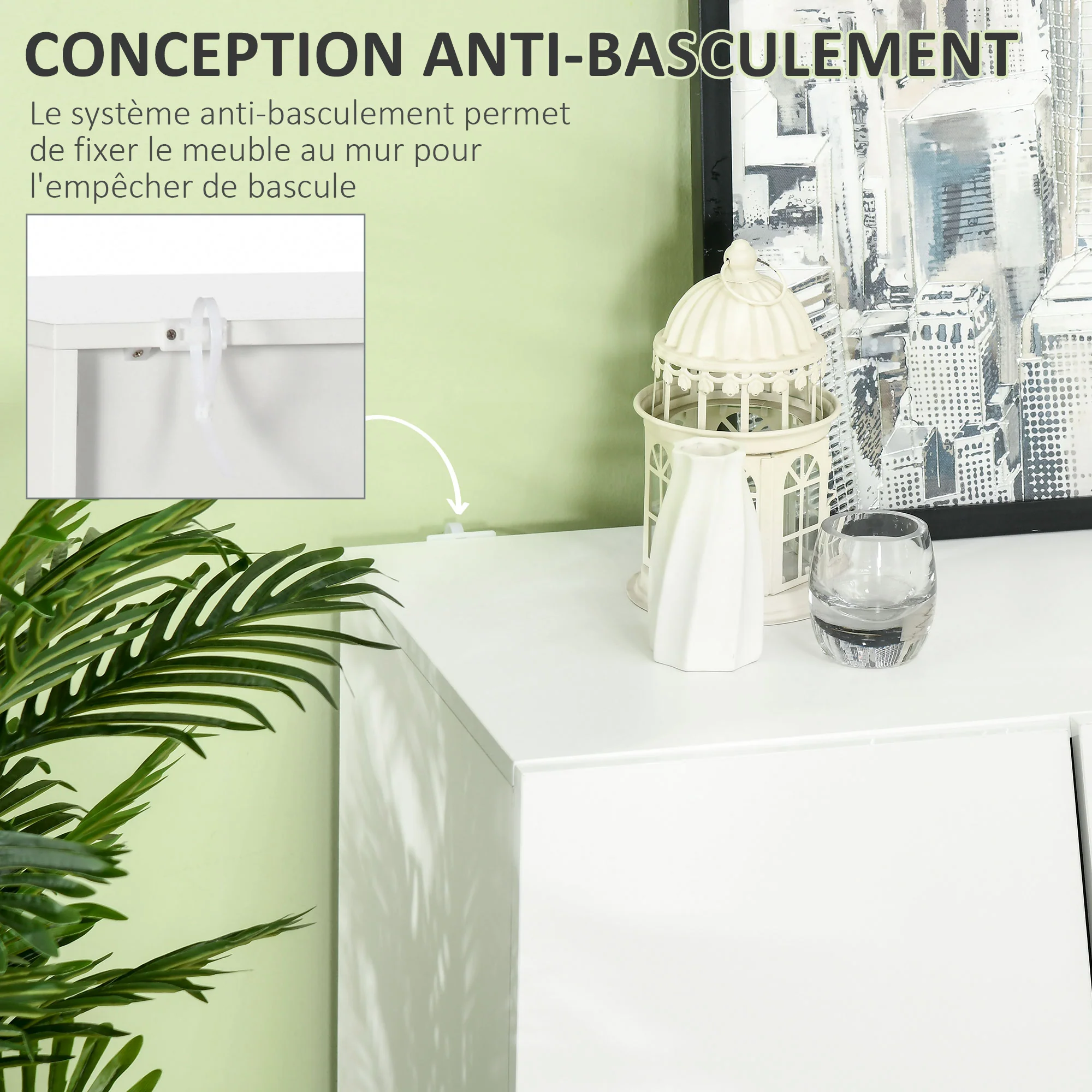 Buffet à haute brillance, meuble de rangement avec placard double porte géométrique et étagère réglable, style moderne, buffet salle à manger, cuisine et salon, 70 x 40 x 88 cm, blanc - Image 7