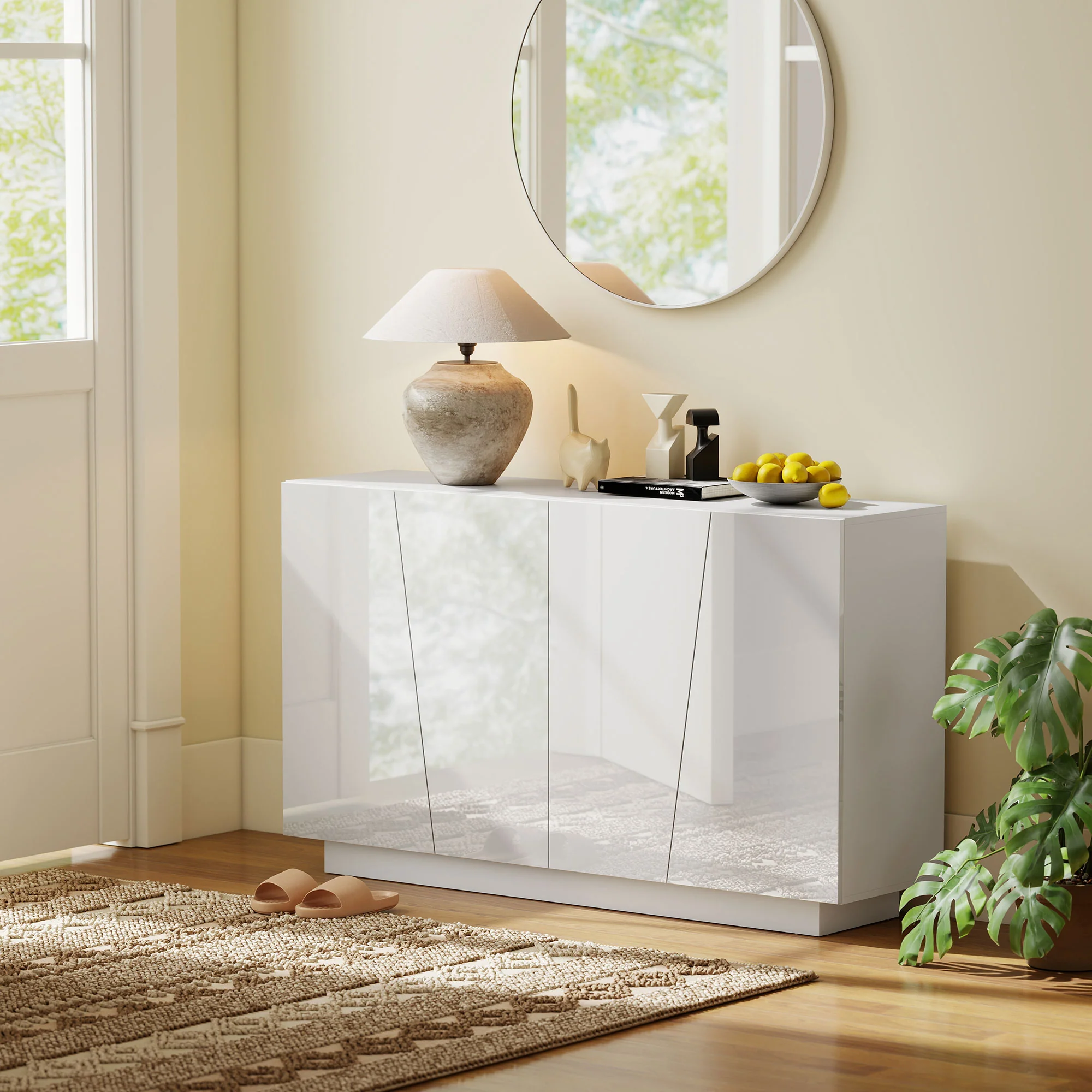 Buffet à haute brillance, meuble de rangement avec placard double porte géométrique et étagère réglable, style moderne, buffet salle à manger, cuisine et salon, 70 x 40 x 88 cm, blanc - Image 9
