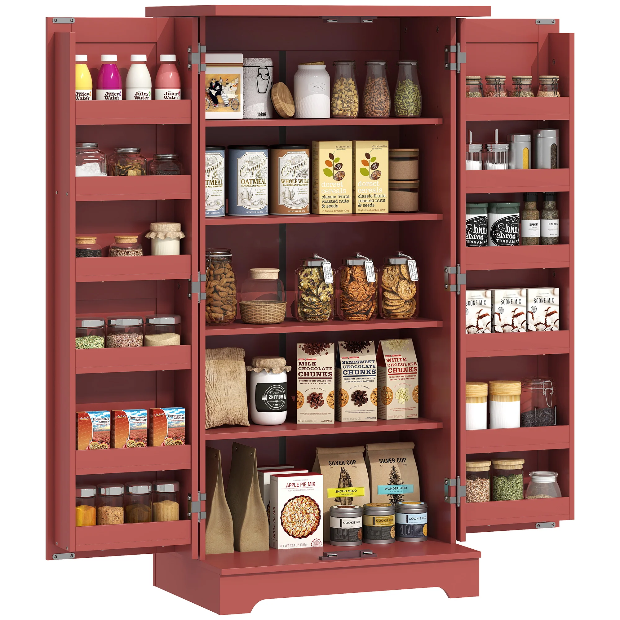 Buffet cuisine, armoire de cuisine, vaisselier, 5 niveaux, avec portes et étagères réglables, 60 x 40 x 120 cm, grain de bois, rouge