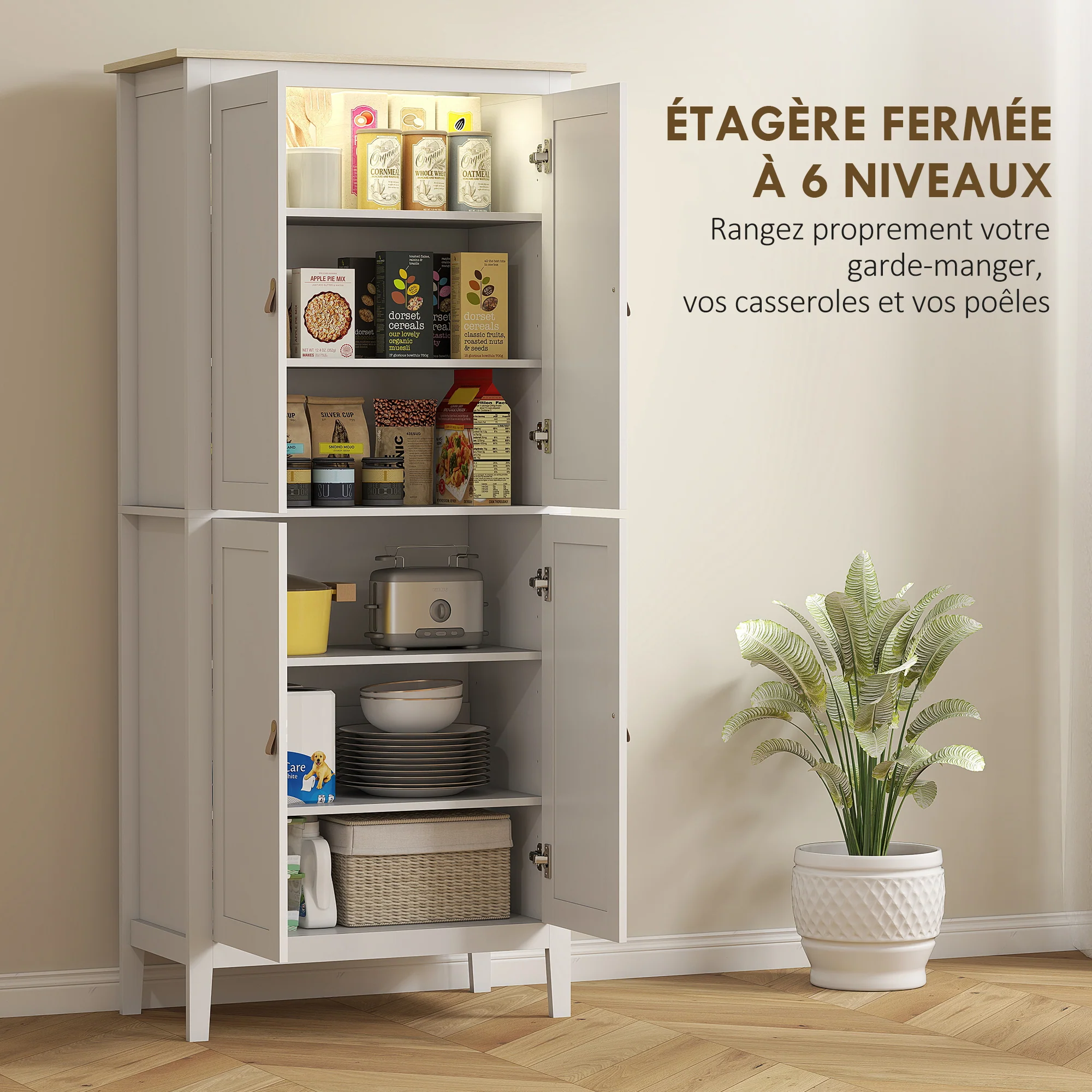 Buffet cuisine avec LED réglable et détecteur de mouvement, meuble cuisine rangement haut, meuble de rangement avec placards à double porte et étagères réglables, 80 x 40 x 176,5 cm, blanc - Image 6