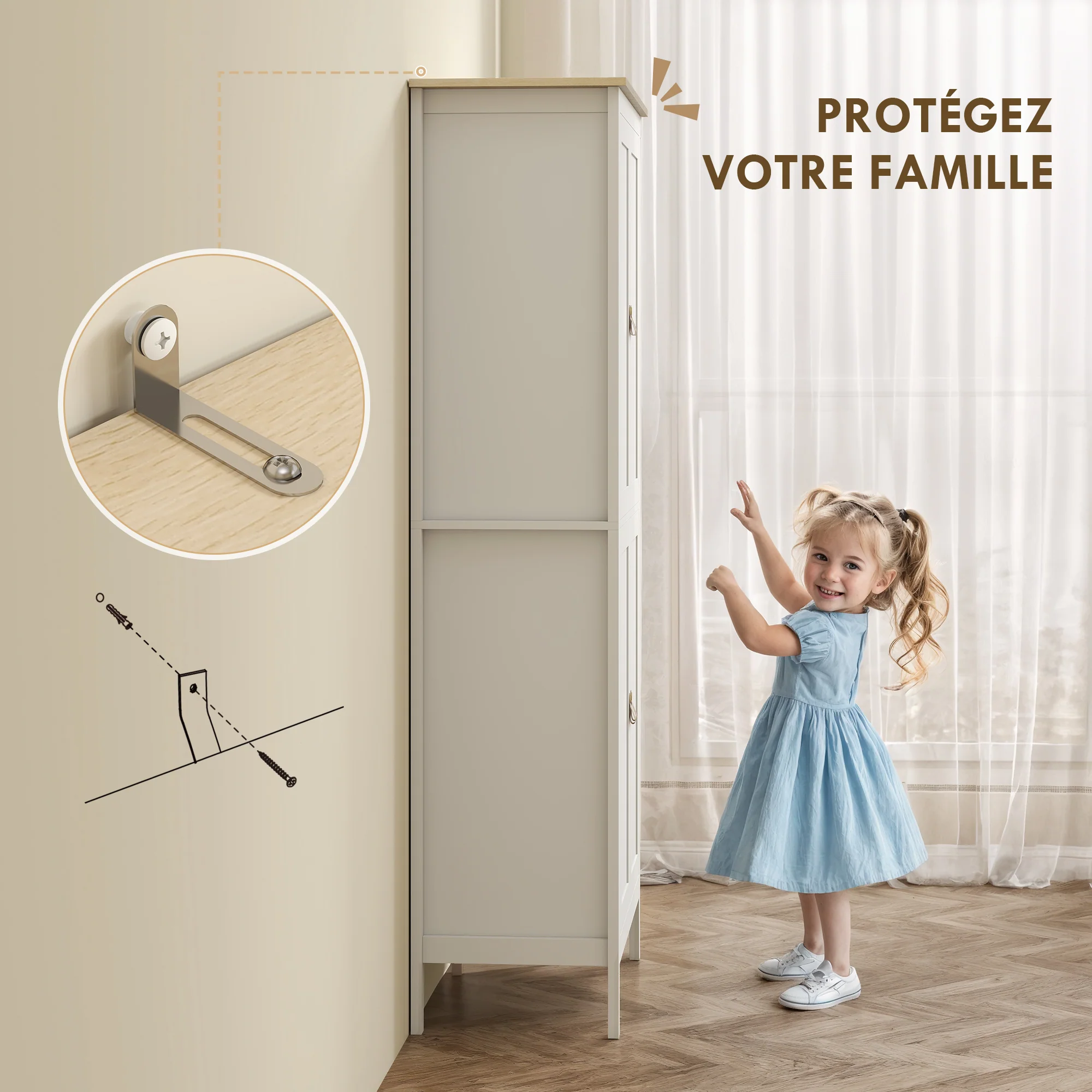 Buffet cuisine avec LED réglable et détecteur de mouvement, meuble cuisine rangement haut, meuble de rangement avec placards à double porte et étagères réglables, 80 x 40 x 176,5 cm, blanc - Image 8