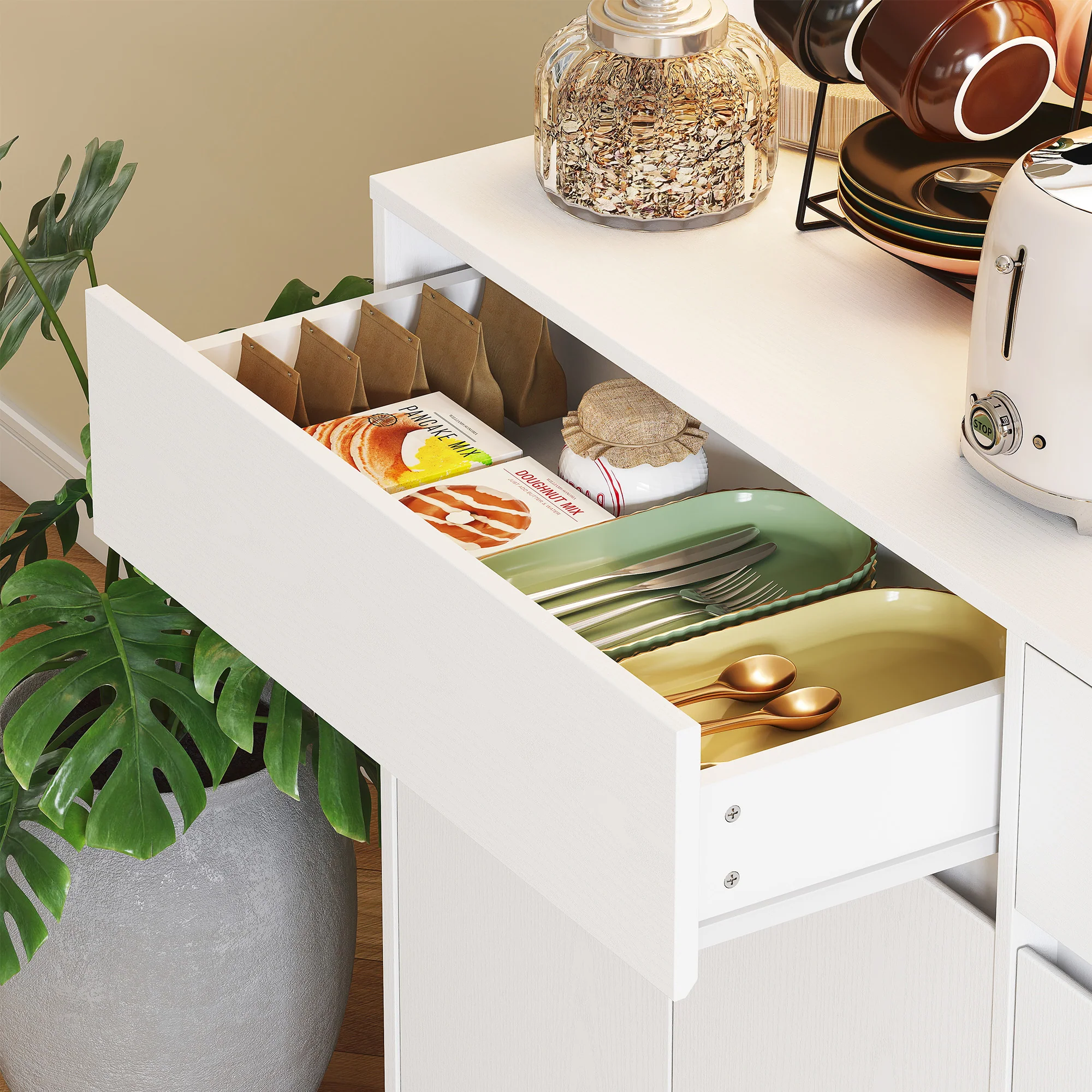 Buffet cuisine avec lumière LED RGB, meuble cuisine rangement haut, meuble de rangement avec plan de travail, 6 portes, 2 tiroirs, étagères réglables et télécommande inclus, 100x38x180cm, blanc - Image 10