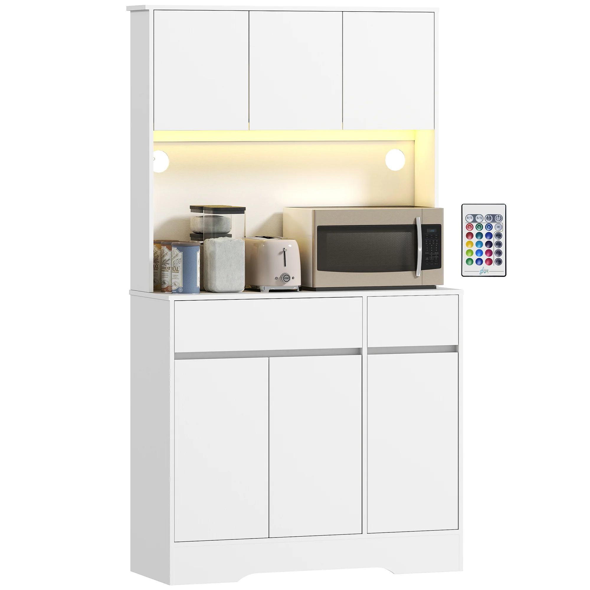 Buffet cuisine avec lumière LED RGB, meuble cuisine rangement haut, meuble de rangement avec plan de travail, 6 portes, 2 tiroirs, étagères réglables et télécommande inclus, 100x38x180cm, blanc - Image 11