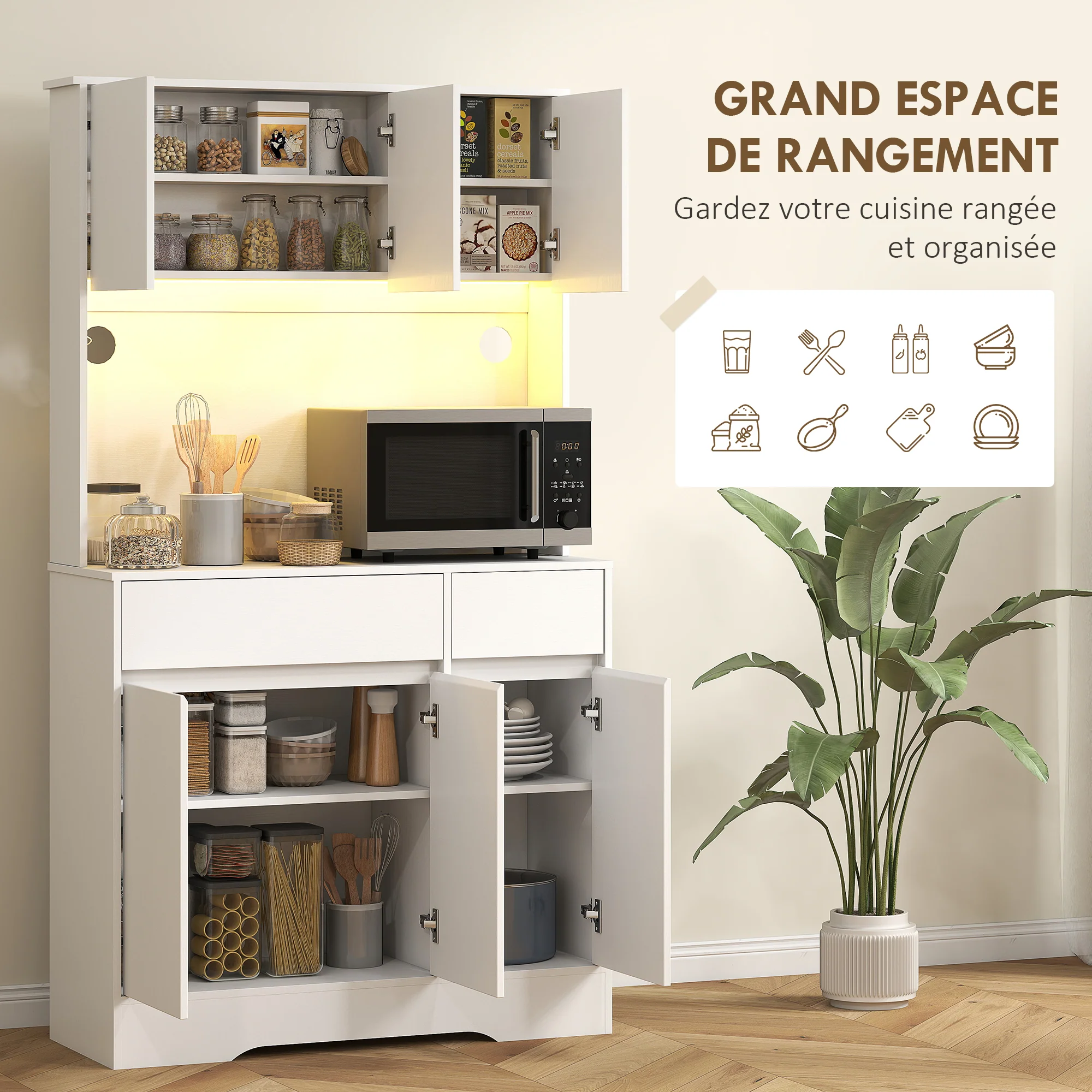 Buffet cuisine avec lumière LED RGB, meuble cuisine rangement haut, meuble de rangement avec plan de travail, 6 portes, 2 tiroirs, étagères réglables et télécommande inclus, 100x38x180cm, blanc - Image 6