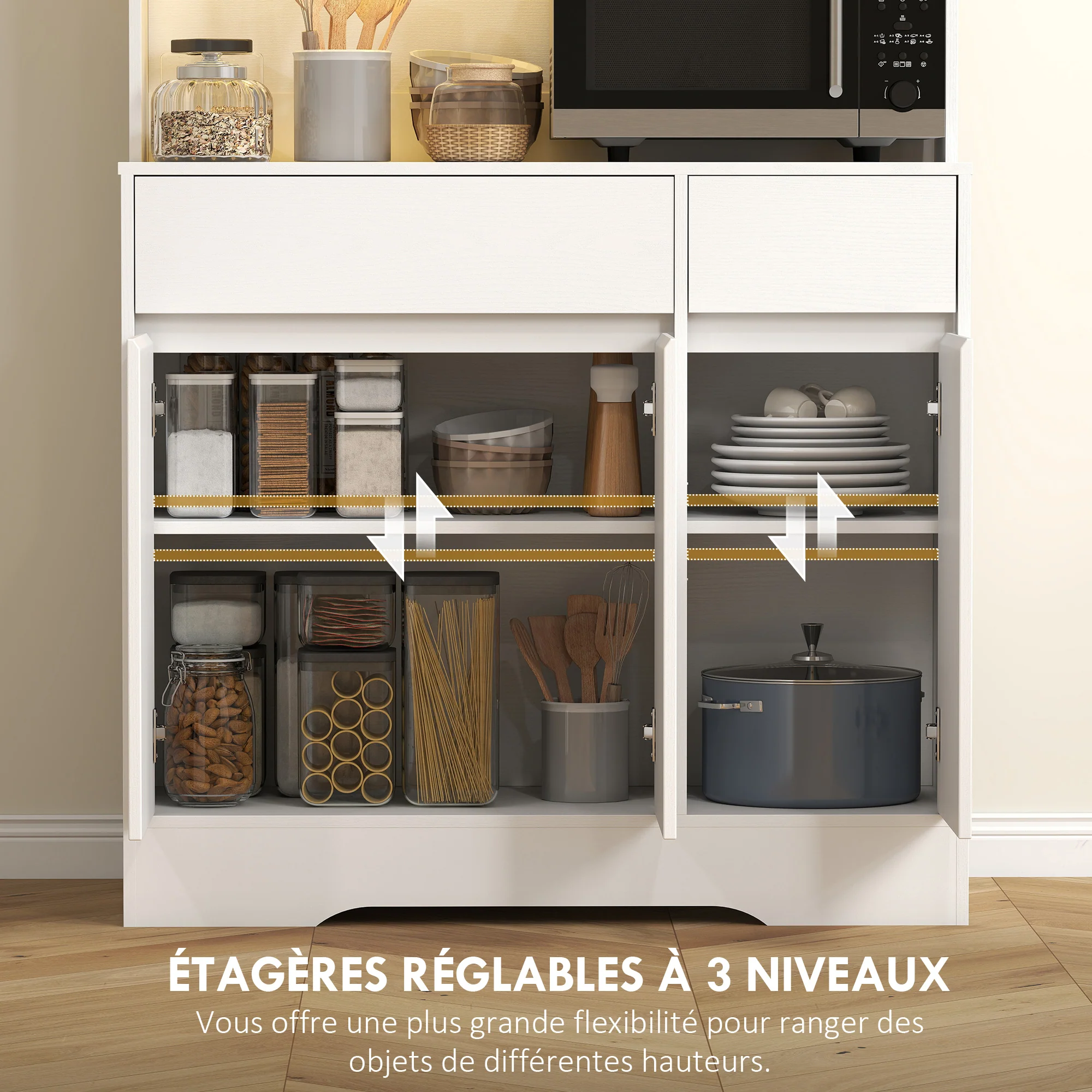 Buffet cuisine avec lumière LED RGB, meuble cuisine rangement haut, meuble de rangement avec plan de travail, 6 portes, 2 tiroirs, étagères réglables et télécommande inclus, 100x38x180cm, blanc - Image 7