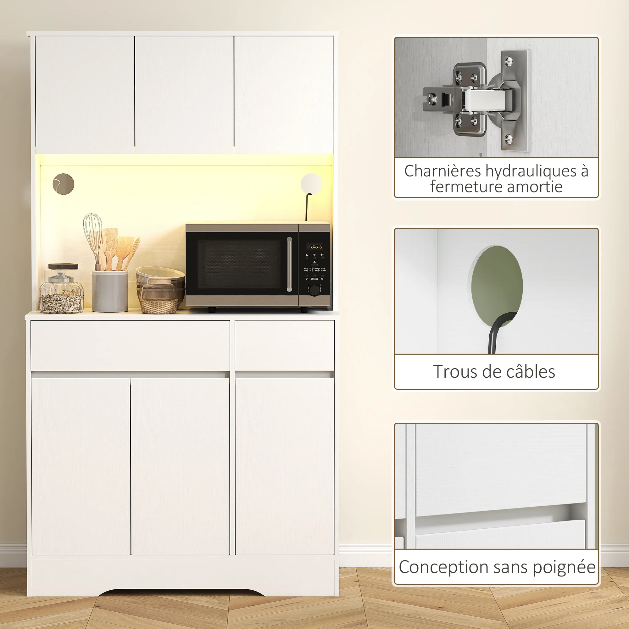Buffet cuisine avec lumière LED RGB, meuble cuisine rangement haut, meuble de rangement avec plan de travail, 6 portes, 2 tiroirs, étagères réglables et télécommande inclus, 100x38x180cm, blanc - Image 8