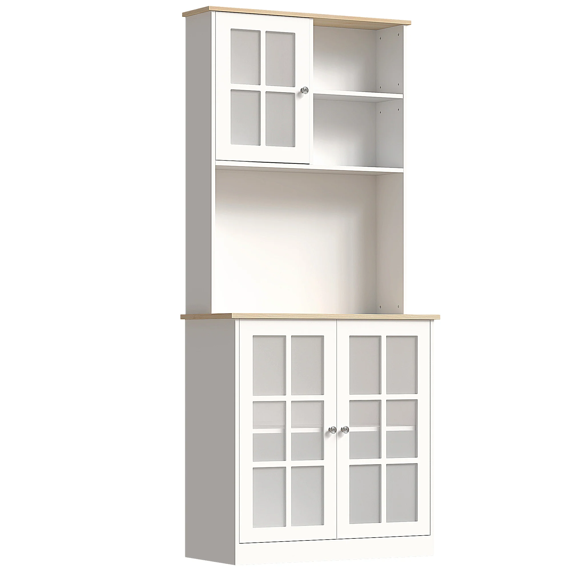 Buffet cuisine, meuble cuisine rangement haut, meuble de rangement avec plan de travail, 3 portes vitrées, 2 niches et étagères réglables, 80 x 37 x 183 cm, blanc chêne - Image 2