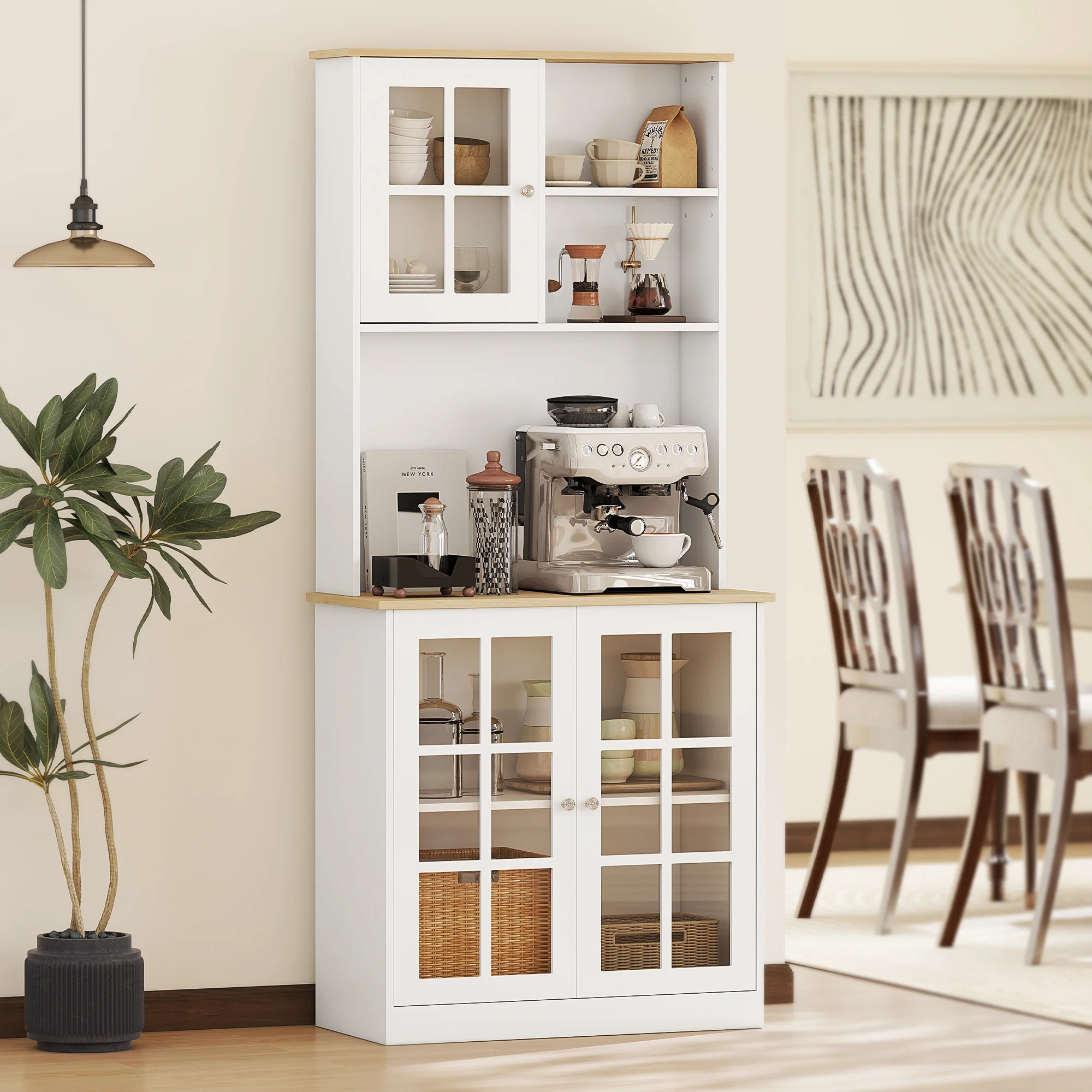 Buffet cuisine, meuble cuisine rangement haut, meuble de rangement avec plan de travail, 3 portes vitrées, 2 niches et étagères réglables, 80 x 37 x 183 cm, blanc chêne - Image 3