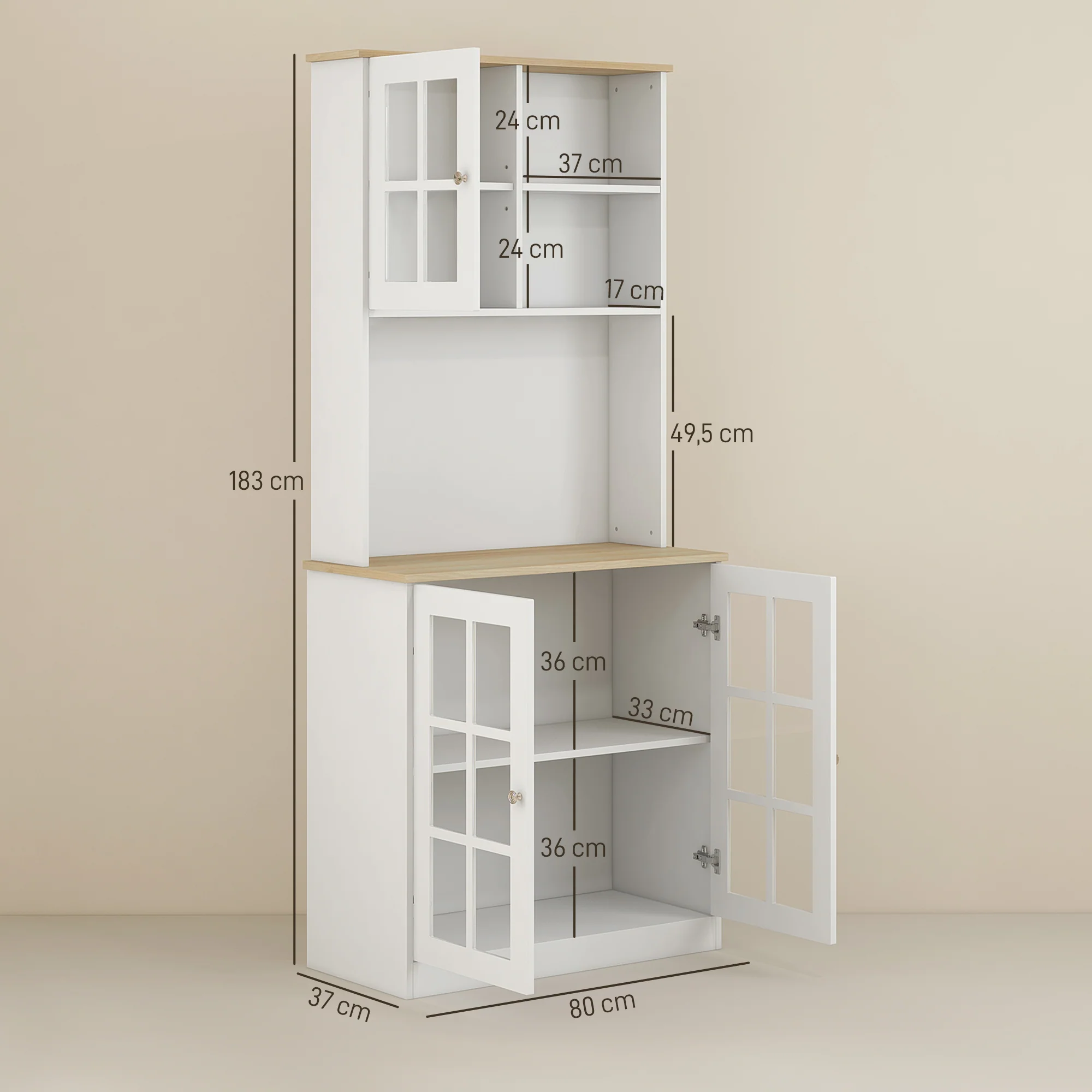 Buffet cuisine, meuble cuisine rangement haut, meuble de rangement avec plan de travail, 3 portes vitrées, 2 niches et étagères réglables, 80 x 37 x 183 cm, blanc chêne - Image 4