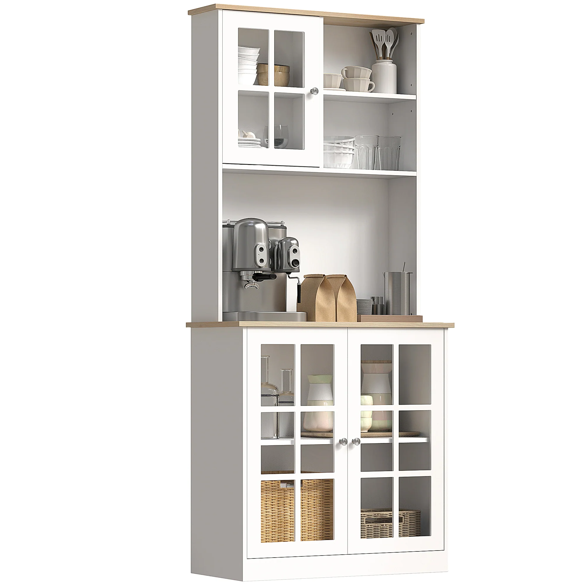 Buffet cuisine, meuble cuisine rangement haut, meuble de rangement avec plan de travail, 3 portes vitrées, 2 niches et étagères réglables, 80 x 37 x 183 cm, blanc chêne - Image 7