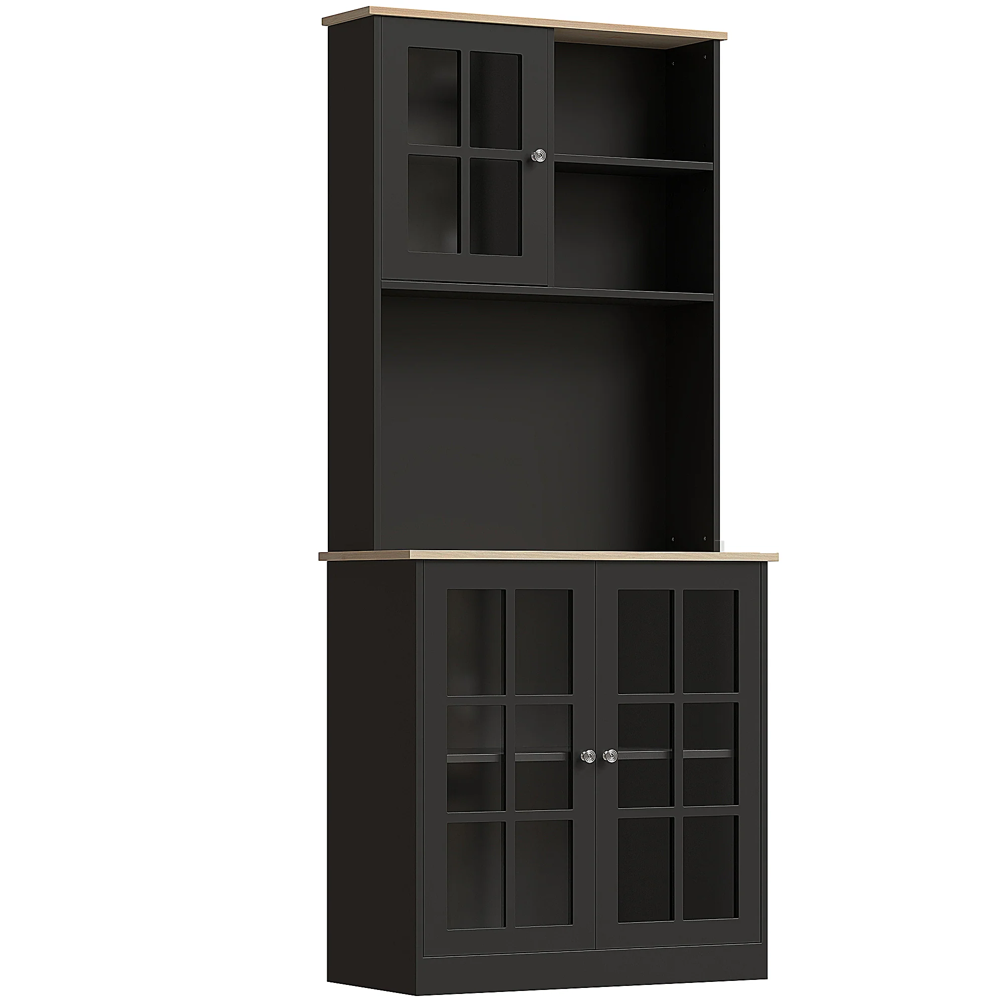 Buffet cuisine, meuble cuisine rangement haut, meuble de rangement avec plan de travail, 3 portes vitrées, 2 niches et étagères réglables, 80 x 37 x 183 cm, noir chêne - Image 2