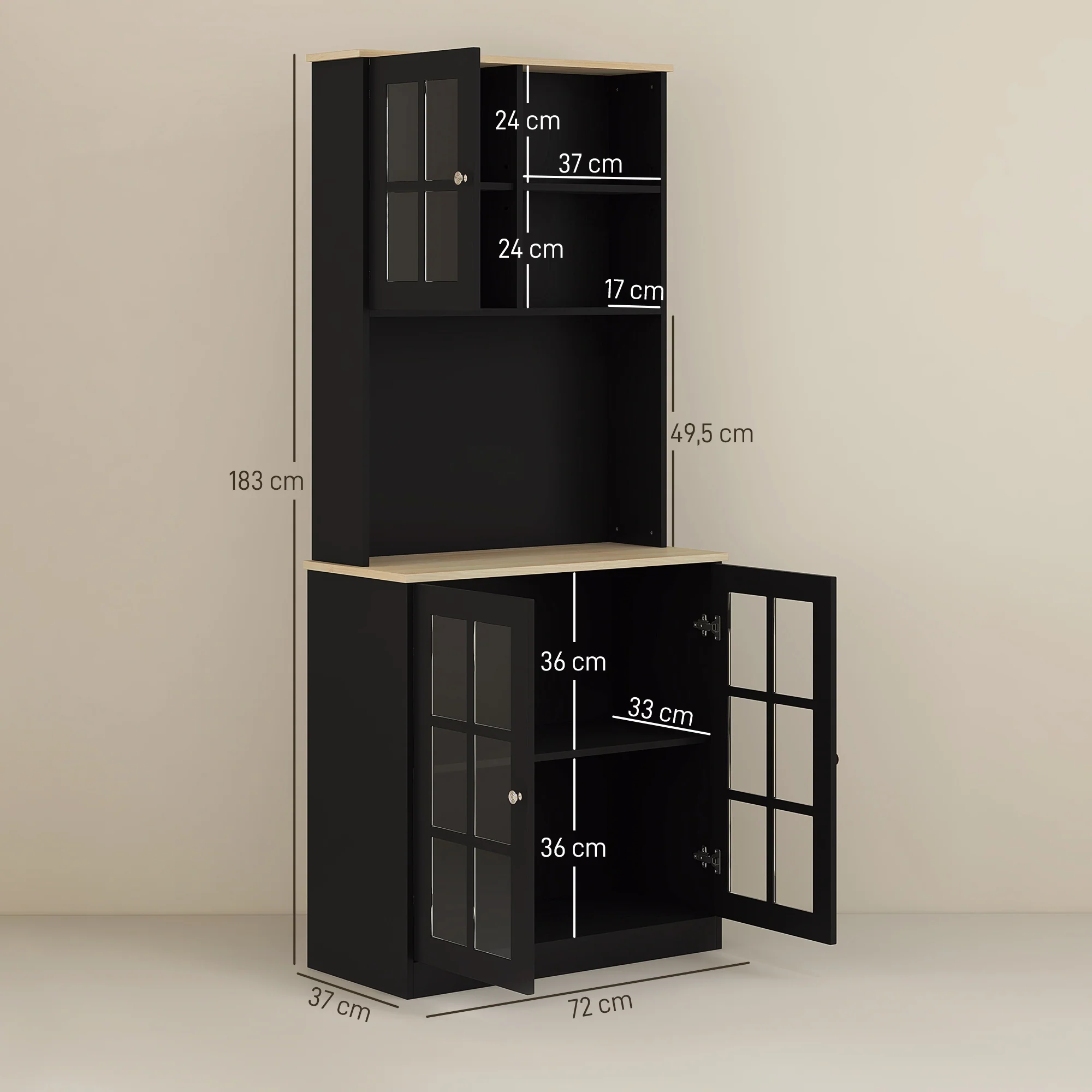 Buffet cuisine, meuble cuisine rangement haut, meuble de rangement avec plan de travail, 3 portes vitrées, 2 niches et étagères réglables, 80 x 37 x 183 cm, noir chêne - Image 4