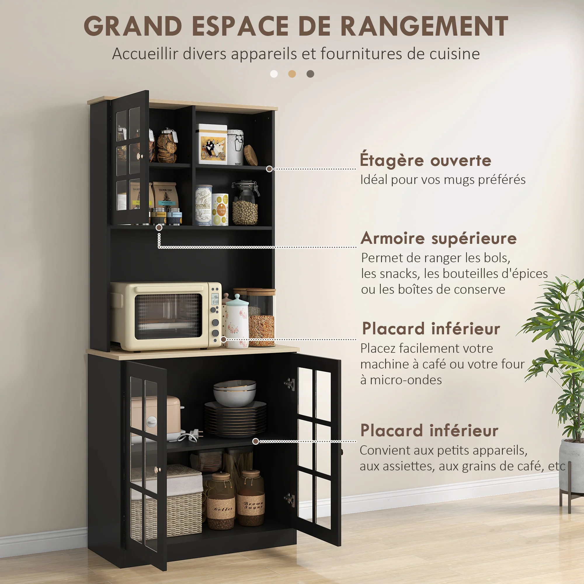 Buffet cuisine, meuble cuisine rangement haut, meuble de rangement avec plan de travail, 3 portes vitrées, 2 niches et étagères réglables, 80 x 37 x 183 cm, noir chêne - Image 5