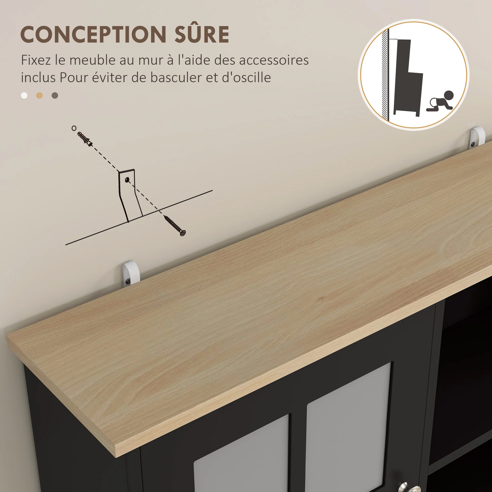 Buffet cuisine, meuble cuisine rangement haut, meuble de rangement avec plan de travail, 3 portes vitrées, 2 niches et étagères réglables, 80 x 37 x 183 cm, noir chêne - Image 9