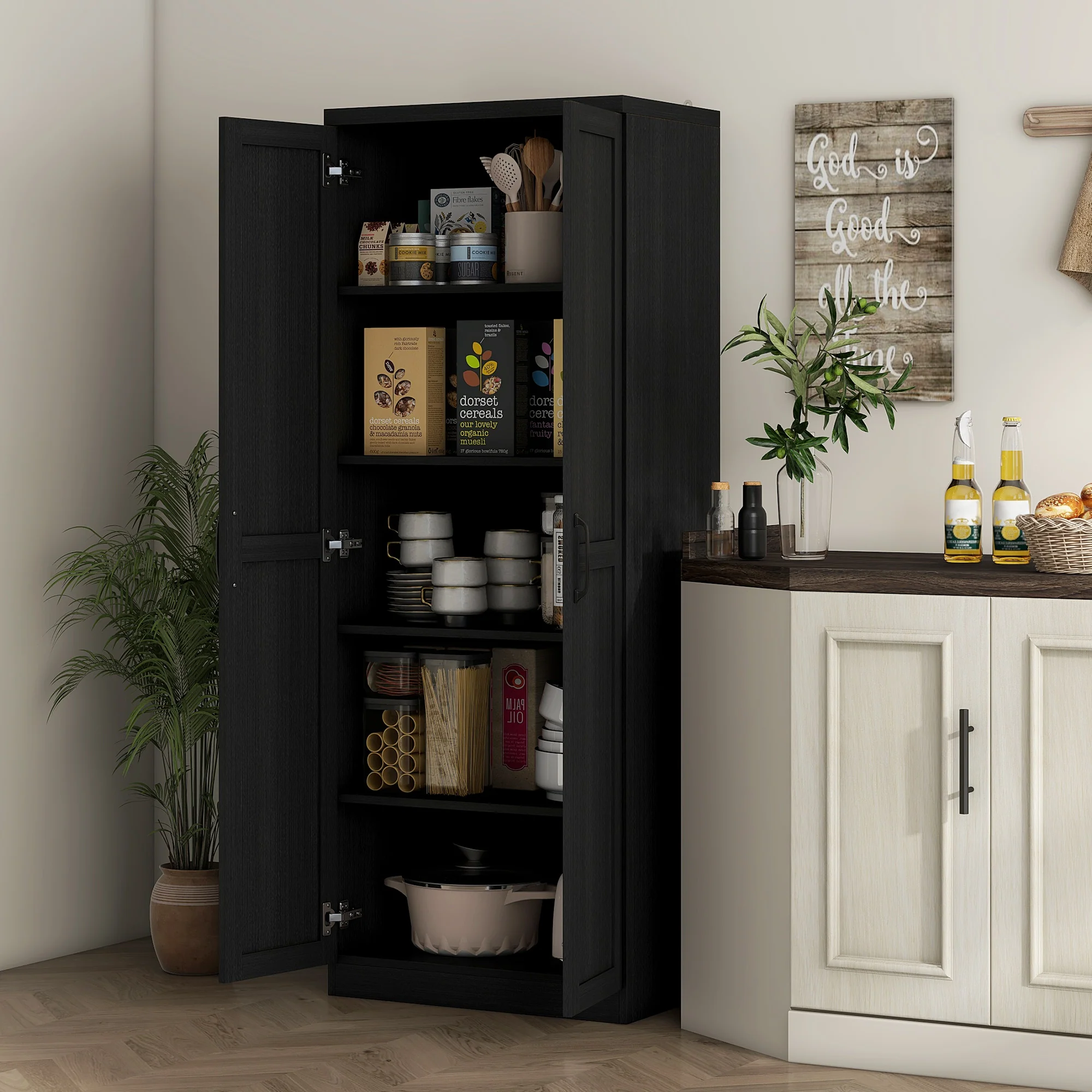 Buffet cuisine, meuble cuisine rangement, meuble de rangement, vaisselier moderne avec double porte et 2 étagères réglables, pour salle à manger, salon, 60 x 40 x 160 cm, noir - Image 3
