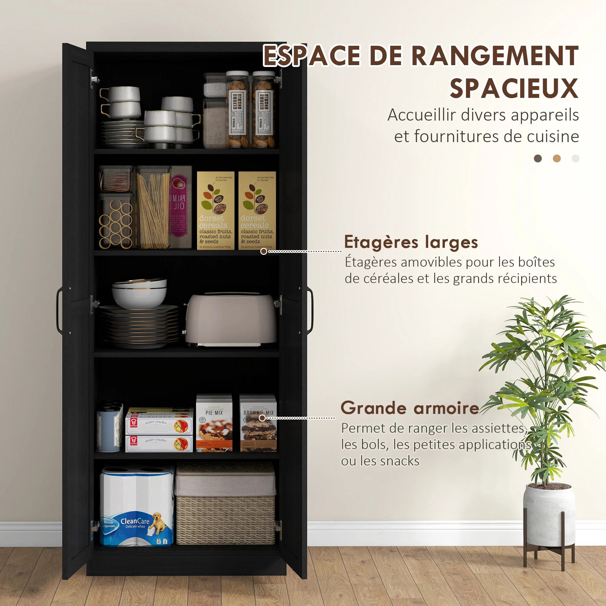 Buffet cuisine, meuble cuisine rangement, meuble de rangement, vaisselier moderne avec double porte et 2 étagères réglables, pour salle à manger, salon, 60 x 40 x 160 cm, noir - Image 5