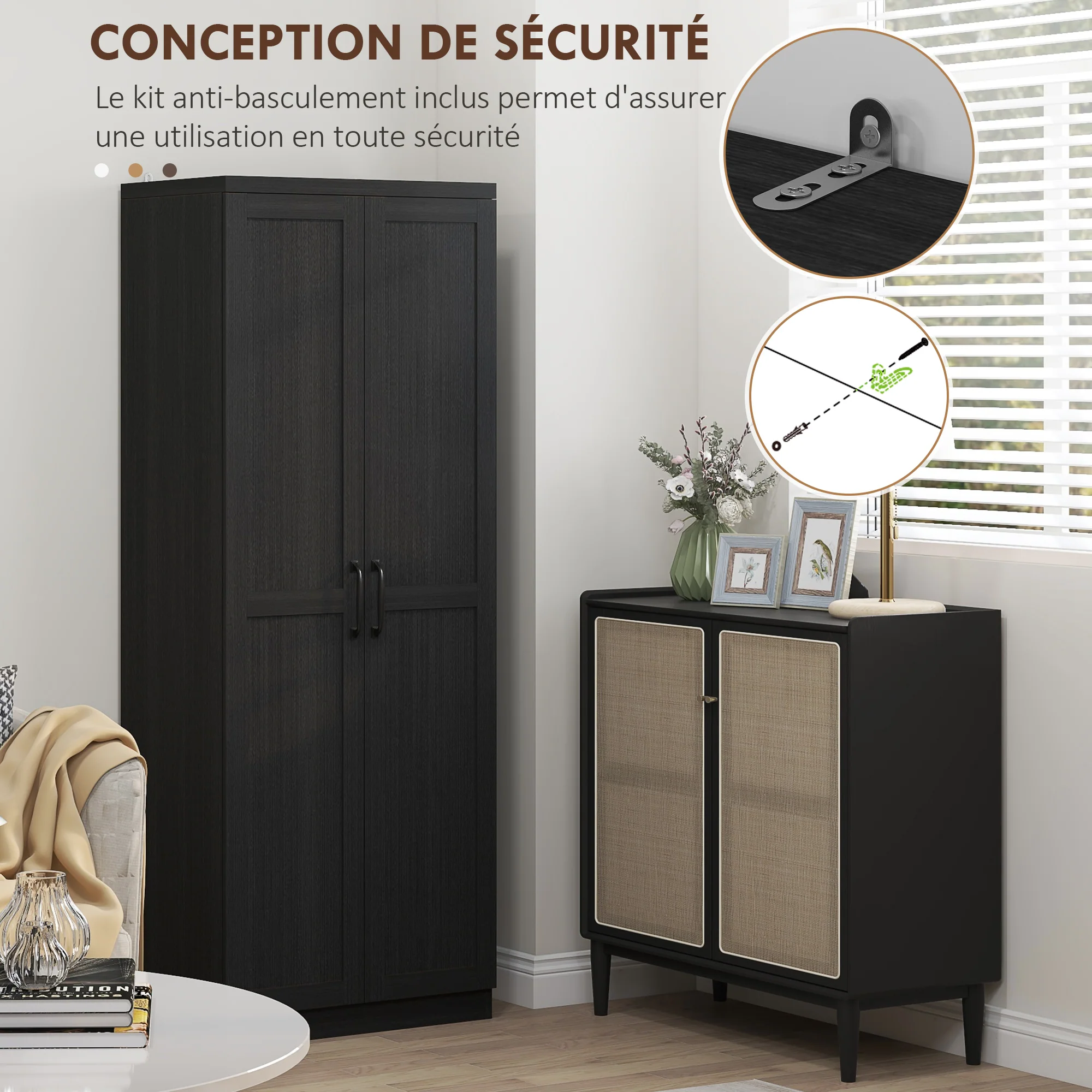 Buffet cuisine, meuble cuisine rangement, meuble de rangement, vaisselier moderne avec double porte et 2 étagères réglables, pour salle à manger, salon, 60 x 40 x 160 cm, noir - Image 7