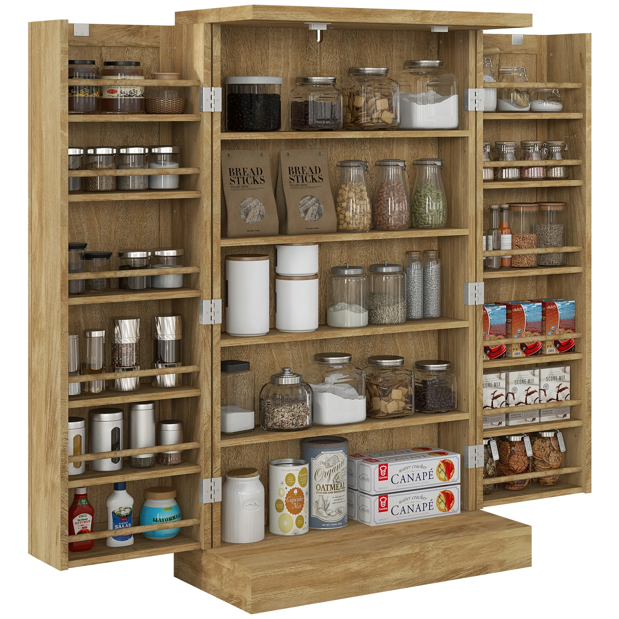 Buffet cuisine, meuble cuisine rangement, vaisselier moderne avec 12 étagères à portes, étagères réglables et double porte en rotin, pour salle à manger, salon, 60x30x104cm, effet bois naturel - Image 11
