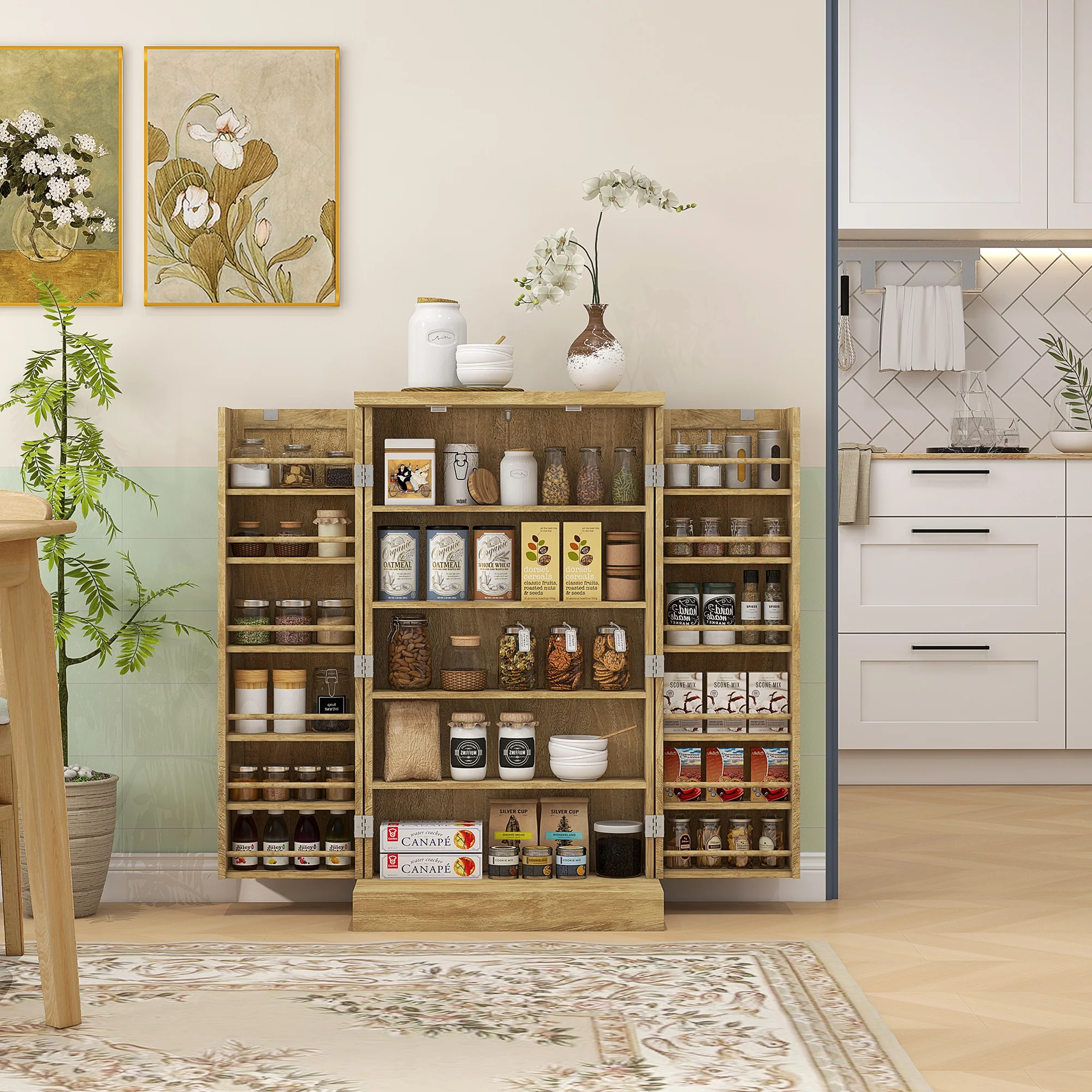 Buffet cuisine, meuble cuisine rangement, vaisselier moderne avec 12 étagères à portes, étagères réglables et double porte en rotin, pour salle à manger, salon, 60x30x104cm, effet bois naturel - Image 3