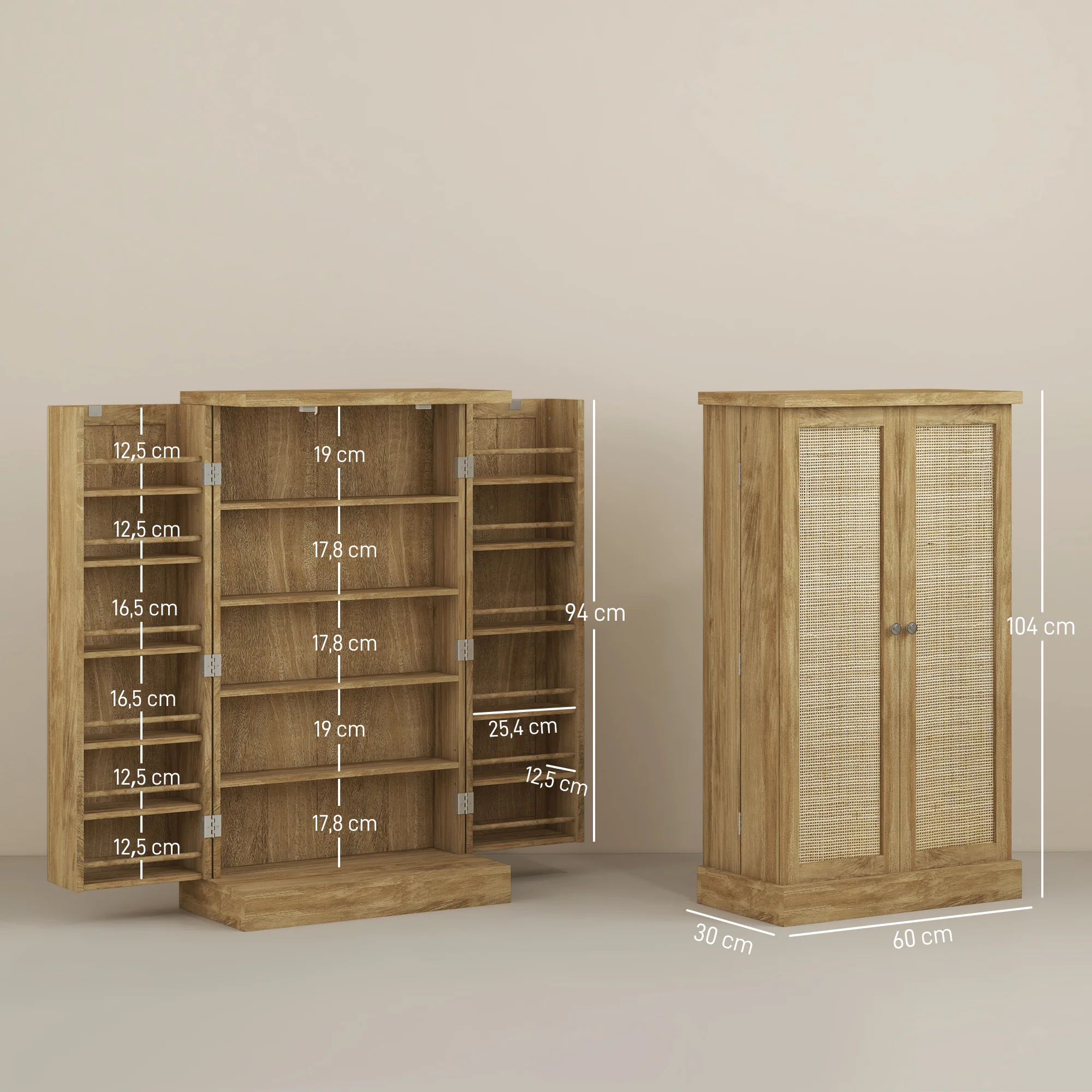 Buffet cuisine, meuble cuisine rangement, vaisselier moderne avec 12 étagères à portes, étagères réglables et double porte en rotin, pour salle à manger, salon, 60x30x104cm, effet bois naturel - Image 4