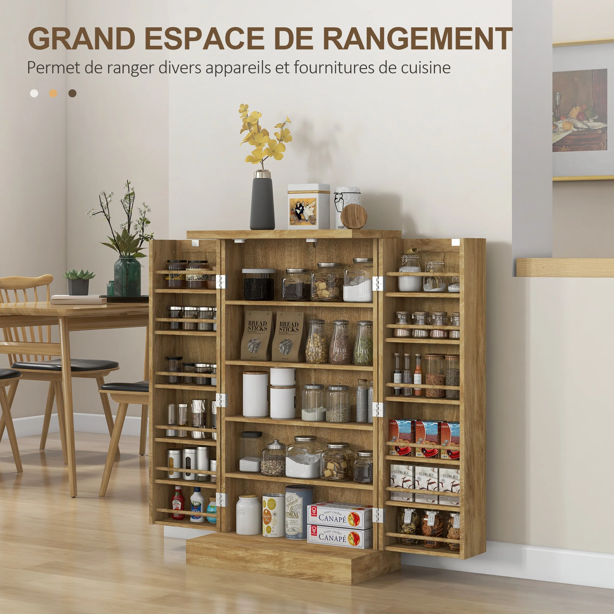 Buffet cuisine, meuble cuisine rangement, vaisselier moderne avec 12 étagères à portes, étagères réglables et double porte en rotin, pour salle à manger, salon, 60x30x104cm, effet bois naturel - Image 5