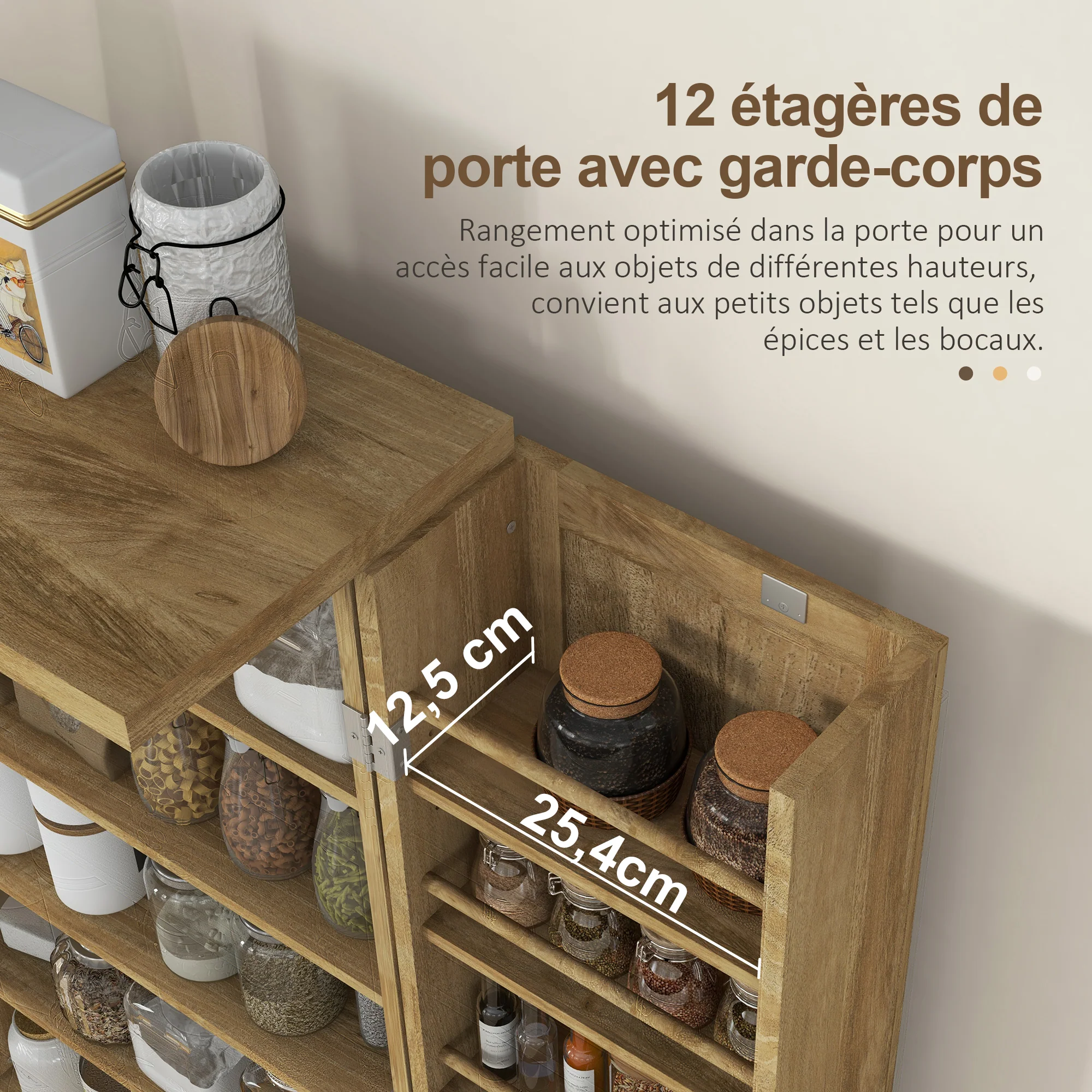 Buffet cuisine, meuble cuisine rangement, vaisselier moderne avec 12 étagères à portes, étagères réglables et double porte en rotin, pour salle à manger, salon, 60x30x104cm, effet bois naturel - Image 6