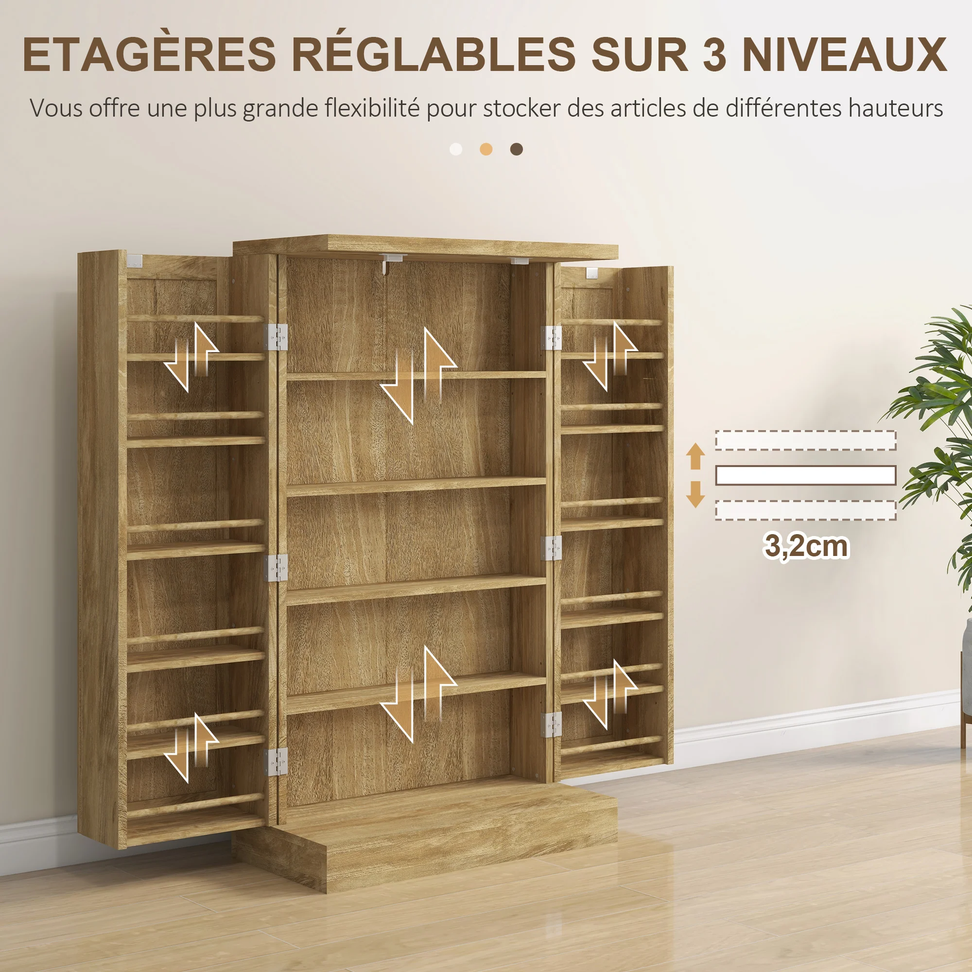 Buffet cuisine, meuble cuisine rangement, vaisselier moderne avec 12 étagères à portes, étagères réglables et double porte en rotin, pour salle à manger, salon, 60x30x104cm, effet bois naturel - Image 7