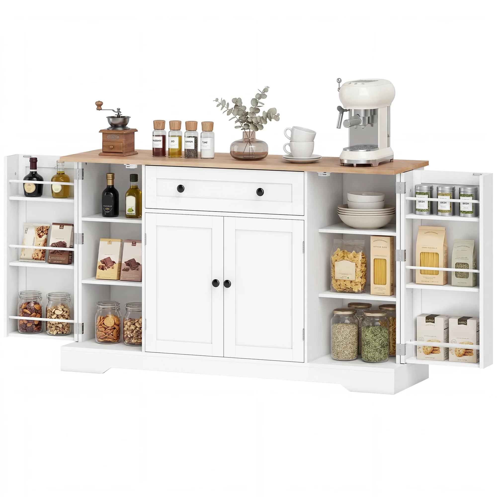 Buffet Cuisine, Meuble de Rangement avec Tiroir, 4 Portes, Étagères Réglables et 6 Racks de Porte, Style Moderne, Buffet Salle à Manger, Salon et Chambre, 138 x 40 x 83,5 cm, Blanc