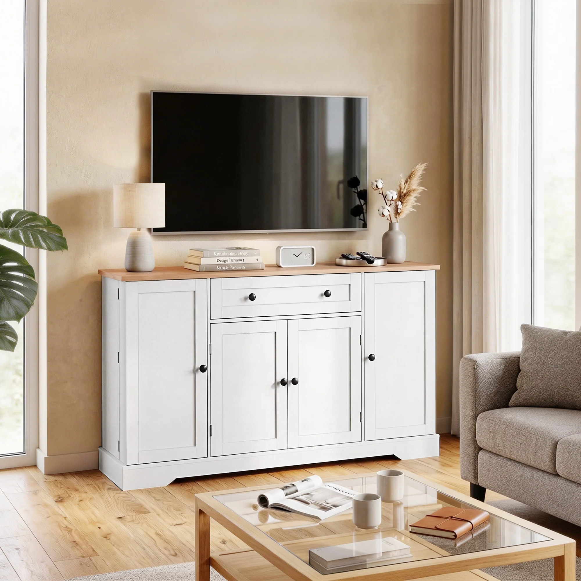 Buffet Cuisine, Meuble de Rangement avec Tiroir, 4 Portes, Étagères Réglables et 6 Racks de Porte, Style Moderne, Buffet Salle à Manger, Salon et Chambre, 138 x 40 x 83,5 cm, Blanc - Image 10
