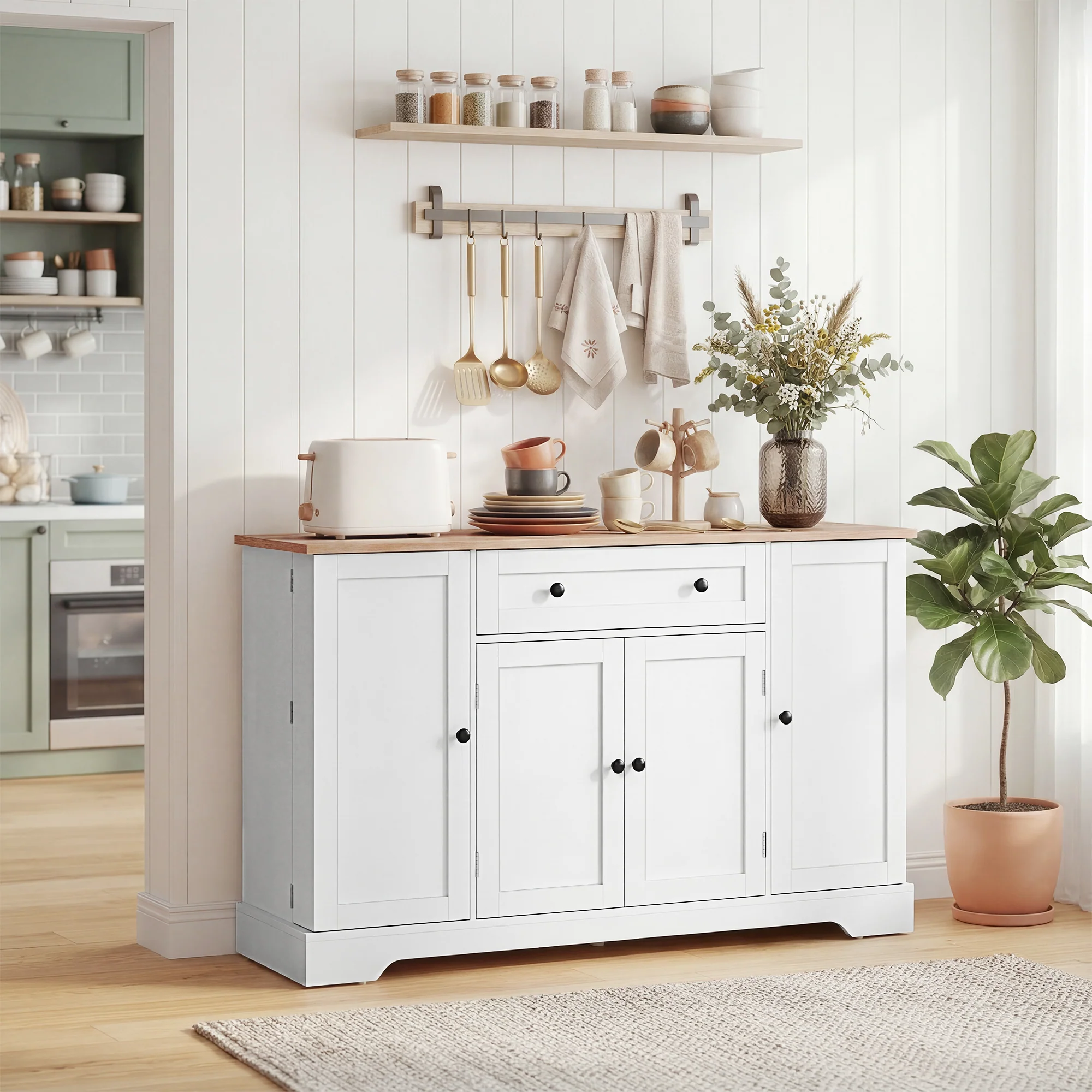 Buffet Cuisine, Meuble de Rangement avec Tiroir, 4 Portes, Étagères Réglables et 6 Racks de Porte, Style Moderne, Buffet Salle à Manger, Salon et Chambre, 138 x 40 x 83,5 cm, Blanc - Image 11