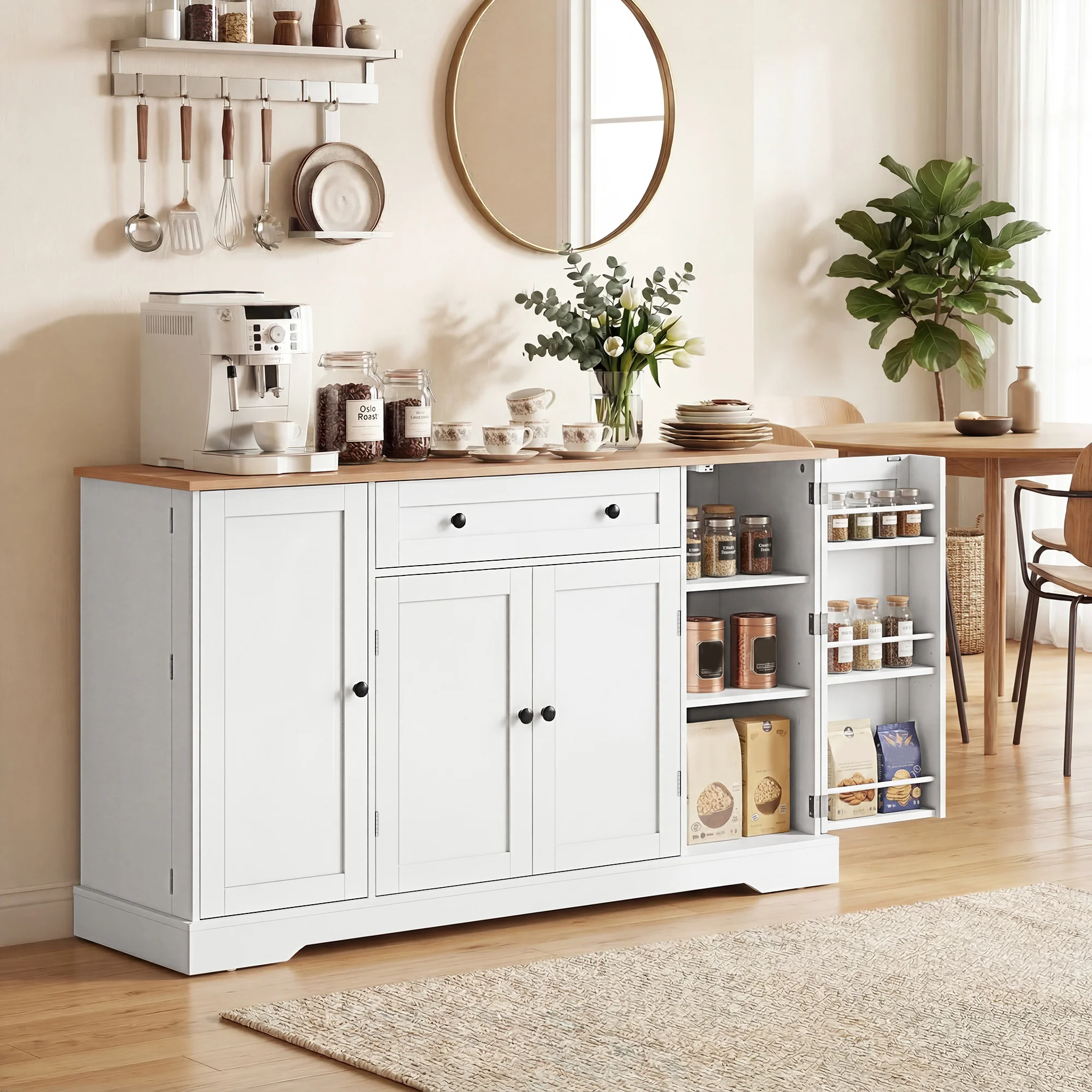Buffet Cuisine, Meuble de Rangement avec Tiroir, 4 Portes, Étagères Réglables et 6 Racks de Porte, Style Moderne, Buffet Salle à Manger, Salon et Chambre, 138 x 40 x 83,5 cm, Blanc - Image 3