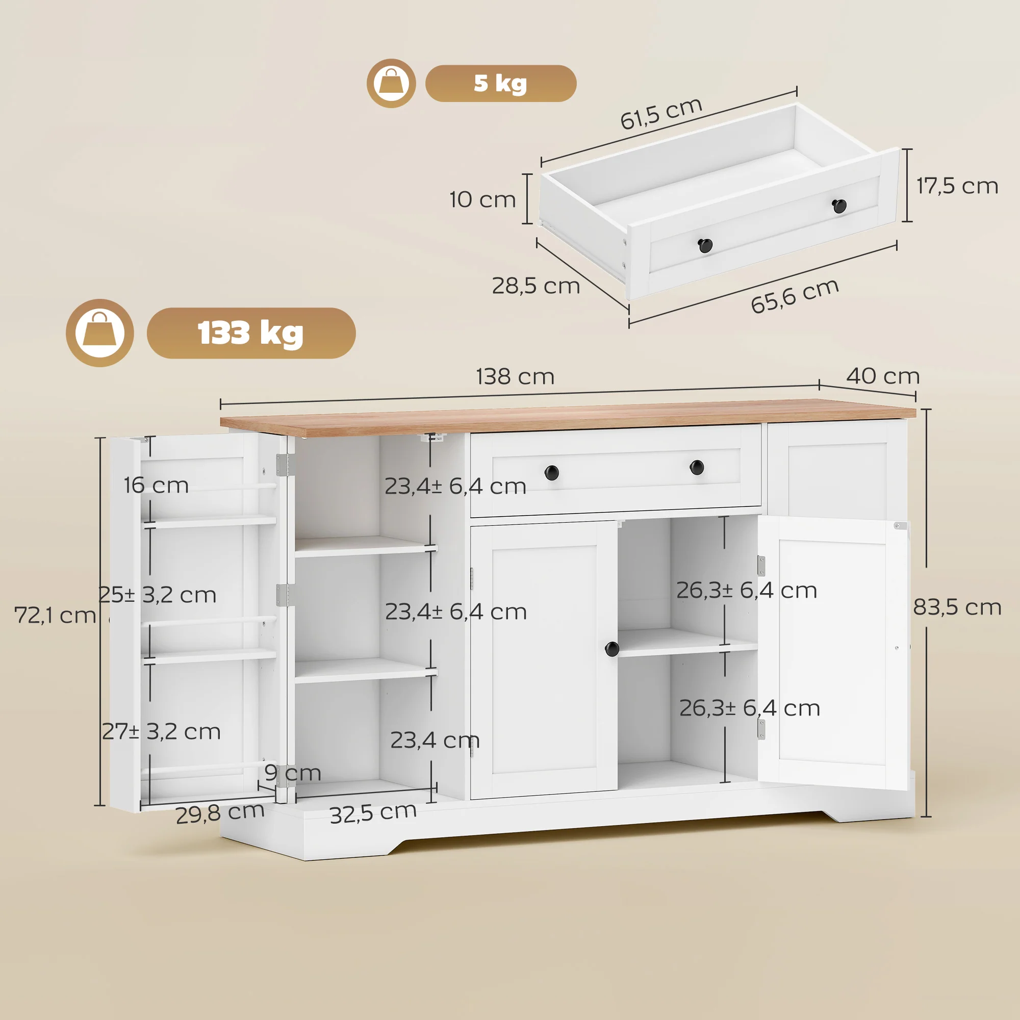 Buffet Cuisine, Meuble de Rangement avec Tiroir, 4 Portes, Étagères Réglables et 6 Racks de Porte, Style Moderne, Buffet Salle à Manger, Salon et Chambre, 138 x 40 x 83,5 cm, Blanc - Image 4