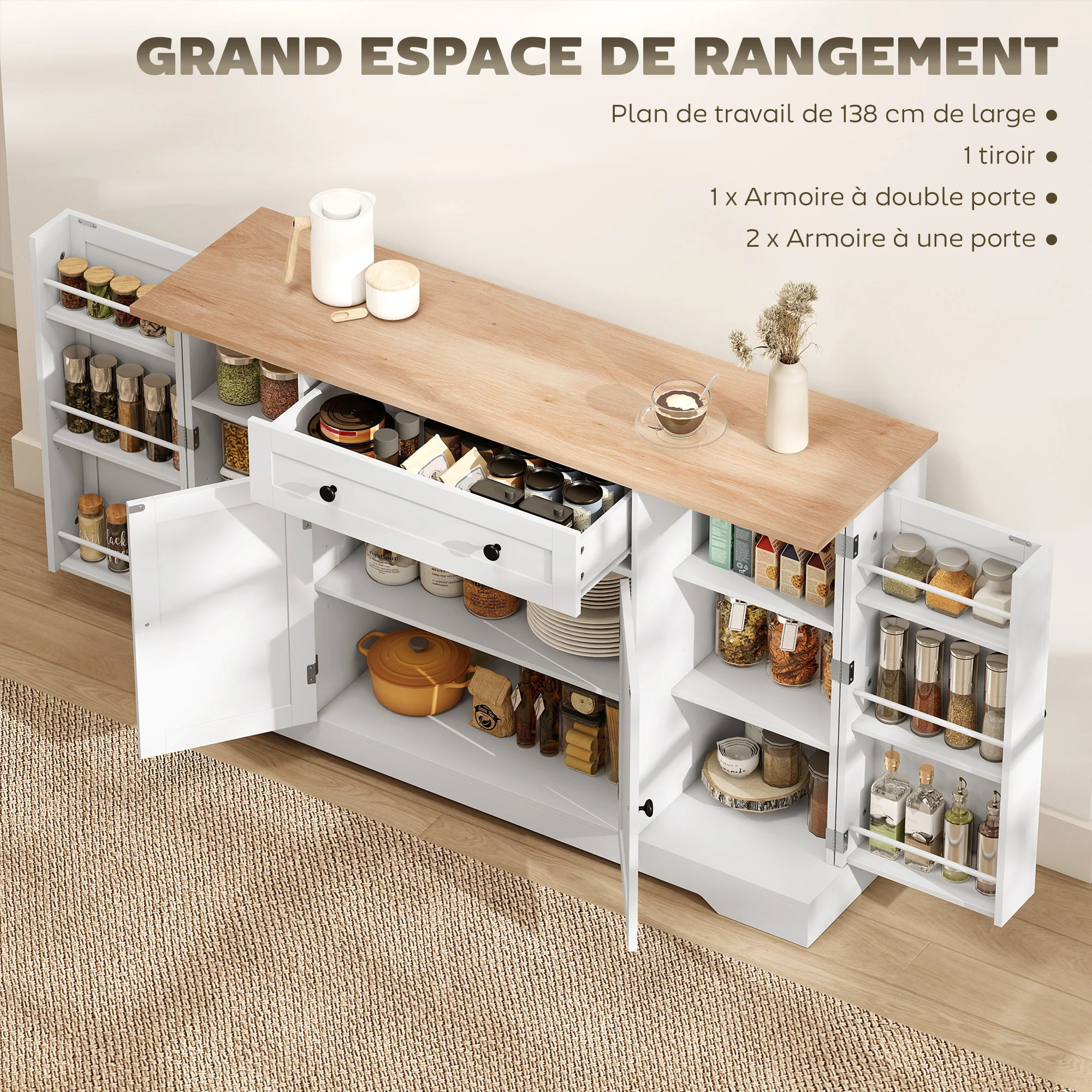 Buffet Cuisine, Meuble de Rangement avec Tiroir, 4 Portes, Étagères Réglables et 6 Racks de Porte, Style Moderne, Buffet Salle à Manger, Salon et Chambre, 138 x 40 x 83,5 cm, Blanc - Image 5