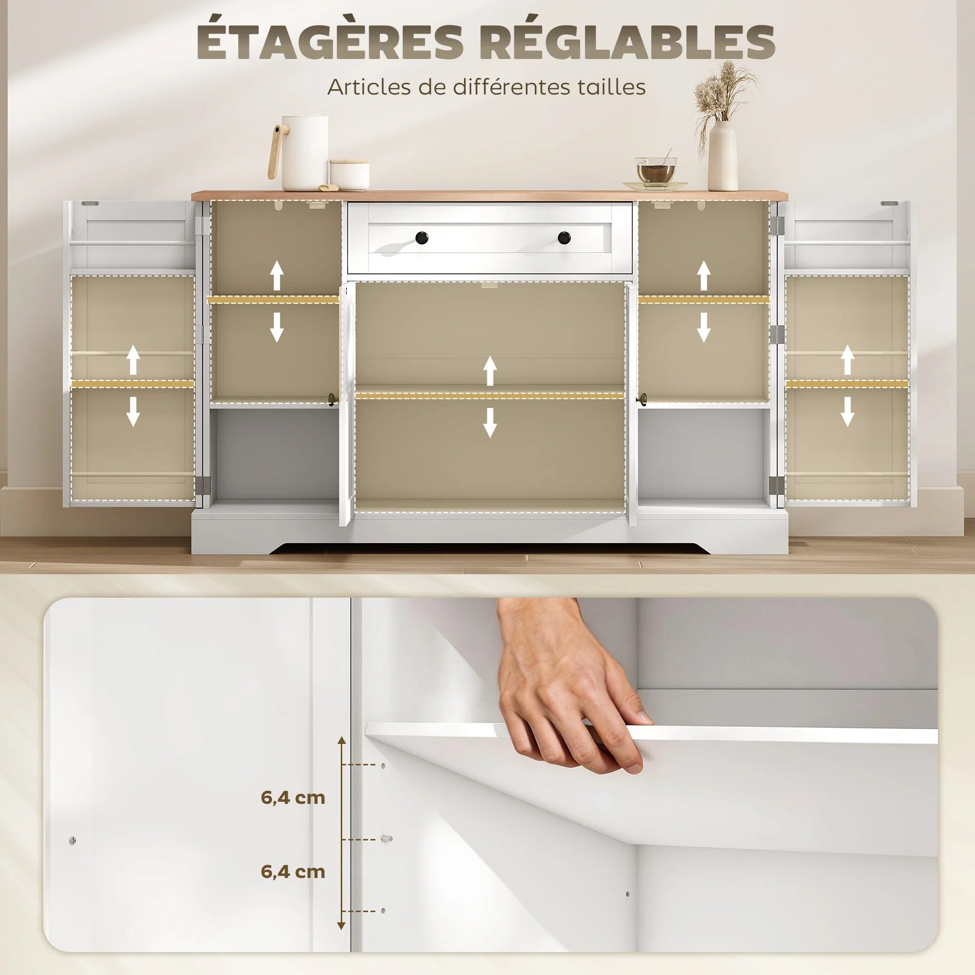 Buffet Cuisine, Meuble de Rangement avec Tiroir, 4 Portes, Étagères Réglables et 6 Racks de Porte, Style Moderne, Buffet Salle à Manger, Salon et Chambre, 138 x 40 x 83,5 cm, Blanc - Image 7