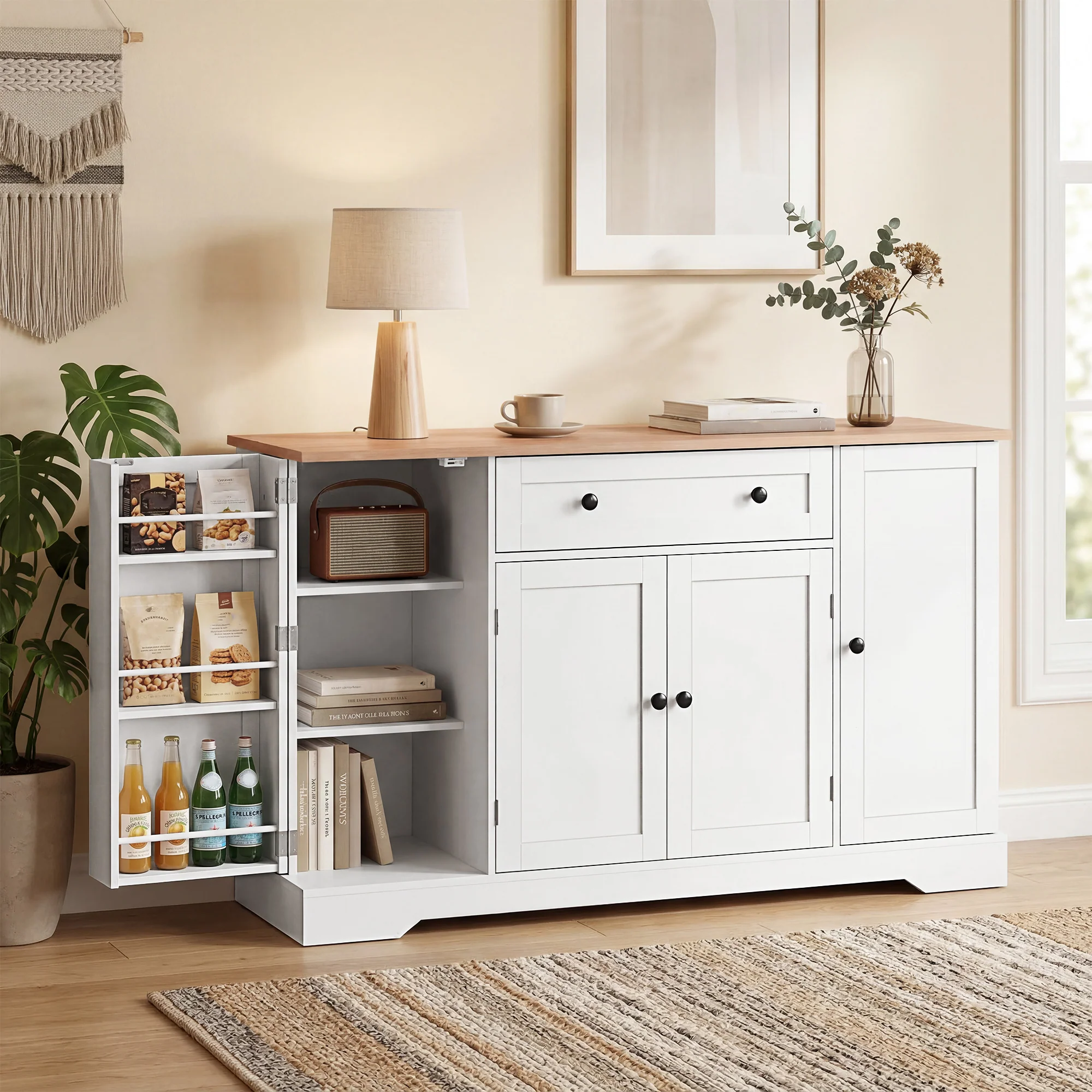 Buffet Cuisine, Meuble de Rangement avec Tiroir, 4 Portes, Étagères Réglables et 6 Racks de Porte, Style Moderne, Buffet Salle à Manger, Salon et Chambre, 138 x 40 x 83,5 cm, Blanc - Image 9