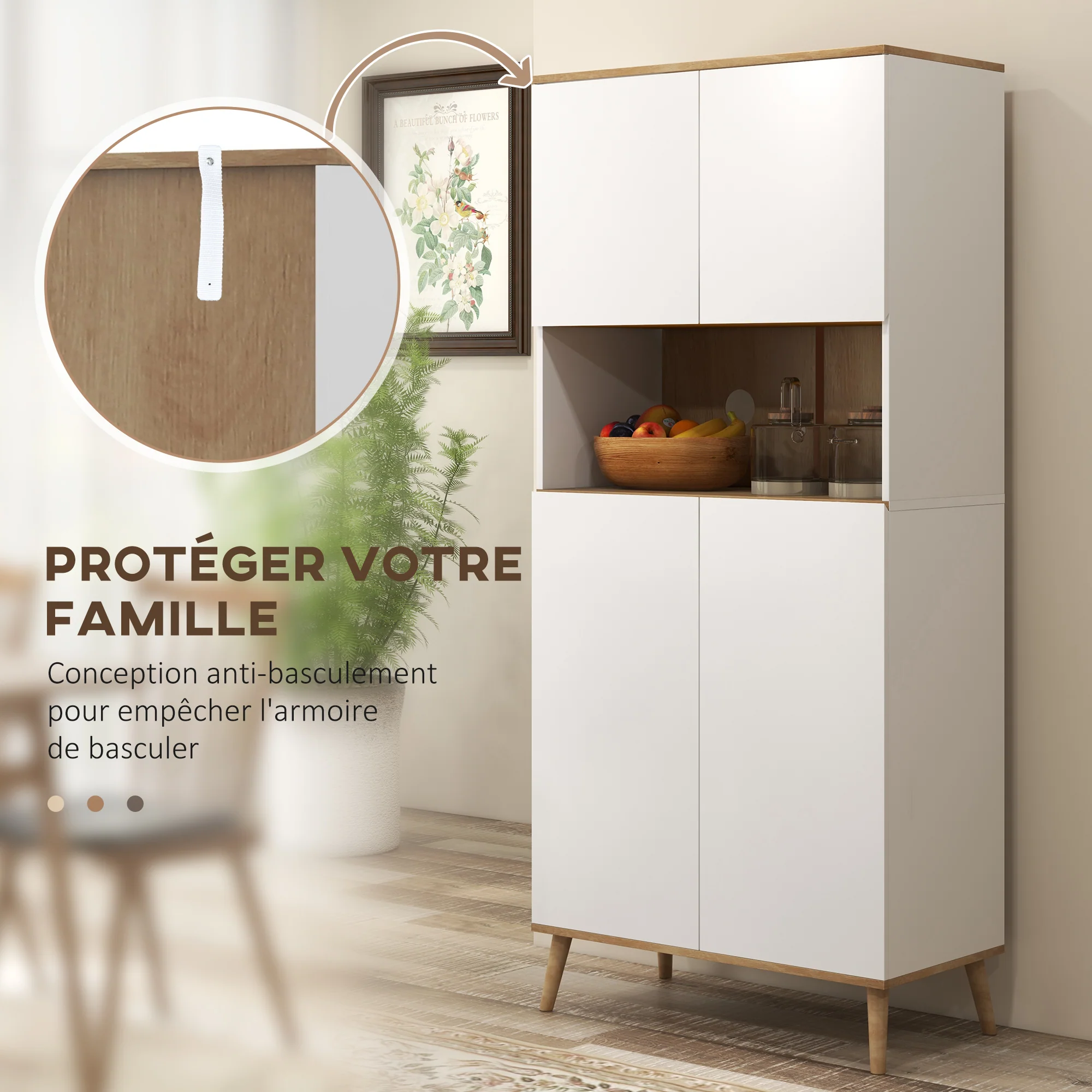 Buffet de cuisine armoire de cuisine 2 placards avec porte étagères réglables niche centrale 2 passe-câbles - 80 x 40 x 178 cm blanc - Image 8