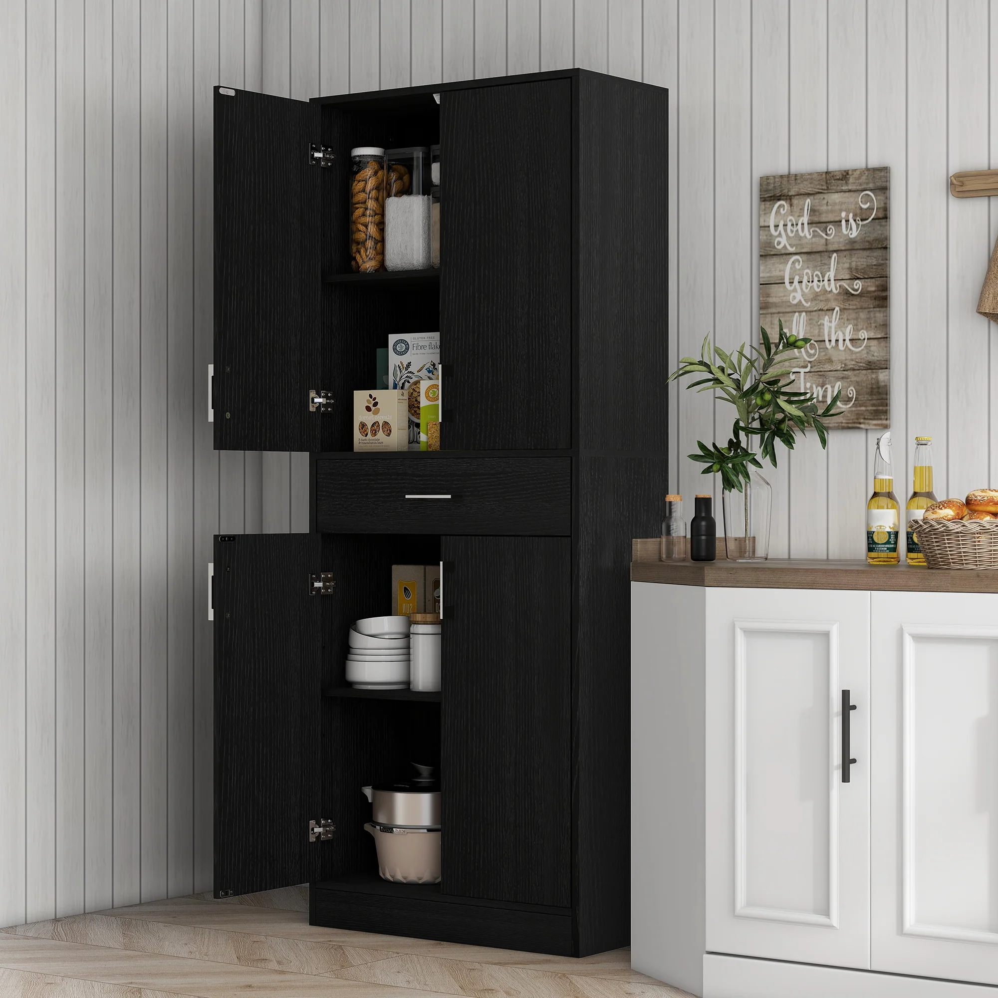 Buffet de cuisine armoire de cuisine buffet haut 2 étagères réglables 4 portes 2 placards et 1 tiroir central hauteur 180 cm noir - Image 3