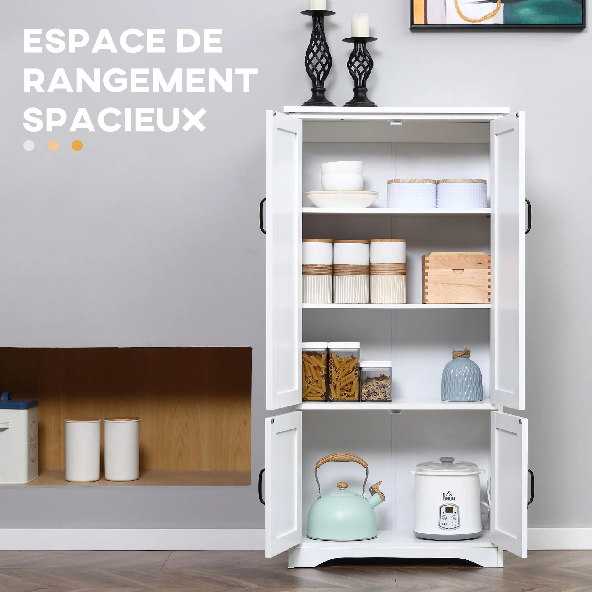 Buffet de cuisine armoire de cuisine contemporaine multi-rangements 2 placards 3 étagères MDF panneaux particules blanc - Image 5