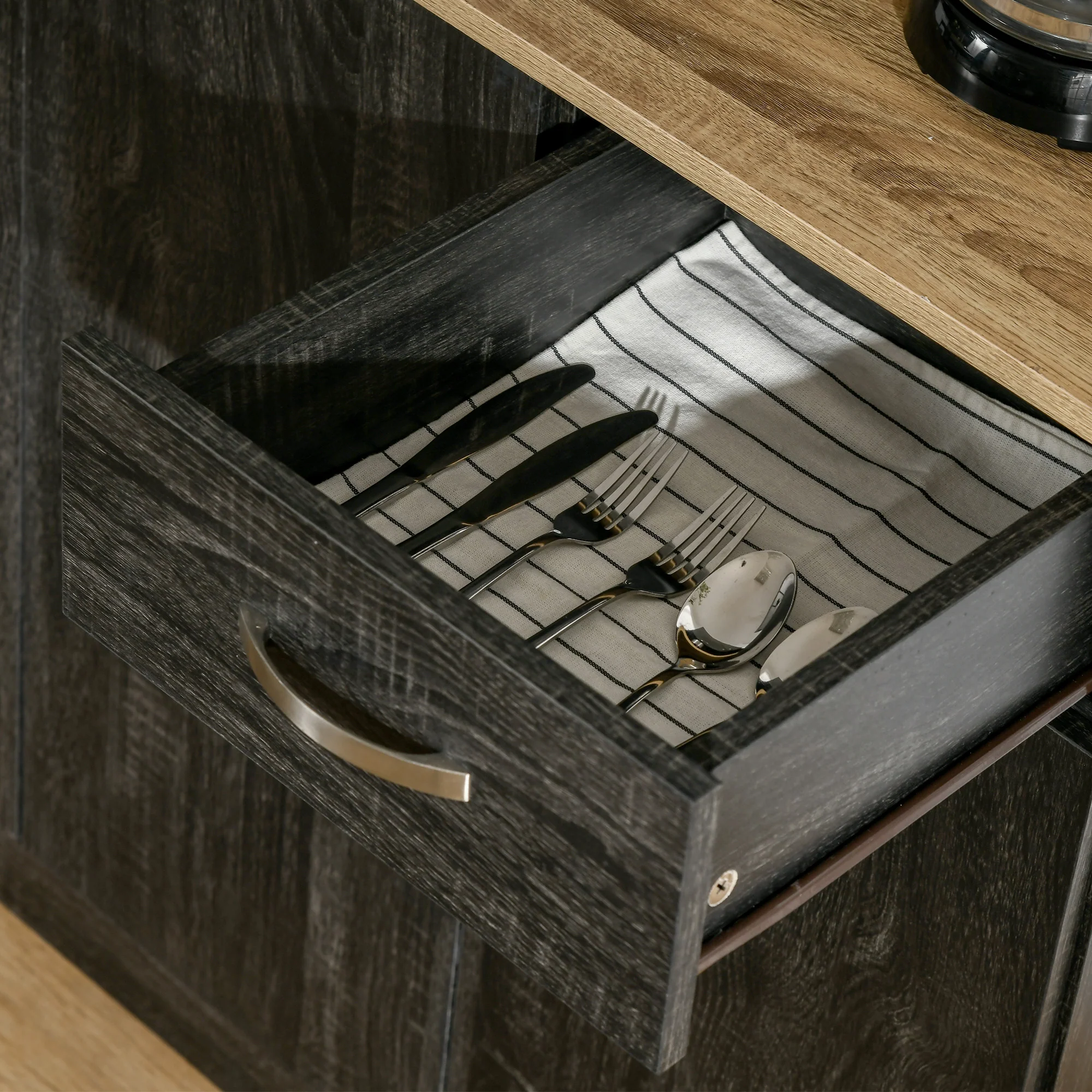 Buffet de cuisine armoire de cuisine contemporaine multi-rangements 6 portes 1 tiroir + grand plateau dim. 101L x 39l x 180H cm en bois noir - Image 10